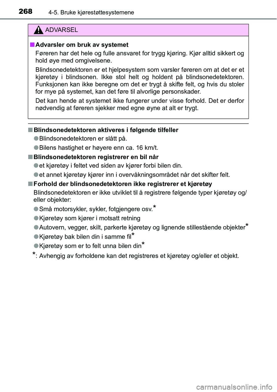 TOYOTA RAV4 HYBRID 2016 Instruksjoner for bruk (in Norwegian) 2684-5. Bruke kjørestøttesystemene
■Blindsonedetektoren aktiveres i følgende tilfeller
●Blindsonedetektoren er slått på.
●Bilens hastighet er høyere enn ca. 16 km/t.
■Blindsonedetektoren TOYOTA RAV4 HYBRID 2016 Instruksjoner for bruk (in Norwegian) 2684-5. Bruke kjørestøttesystemene
■Blindsonedetektoren aktiveres i følgende tilfeller
●Blindsonedetektoren er slått på.
●Bilens hastighet er høyere enn ca. 16 km/t.
■Blindsonedetektoren