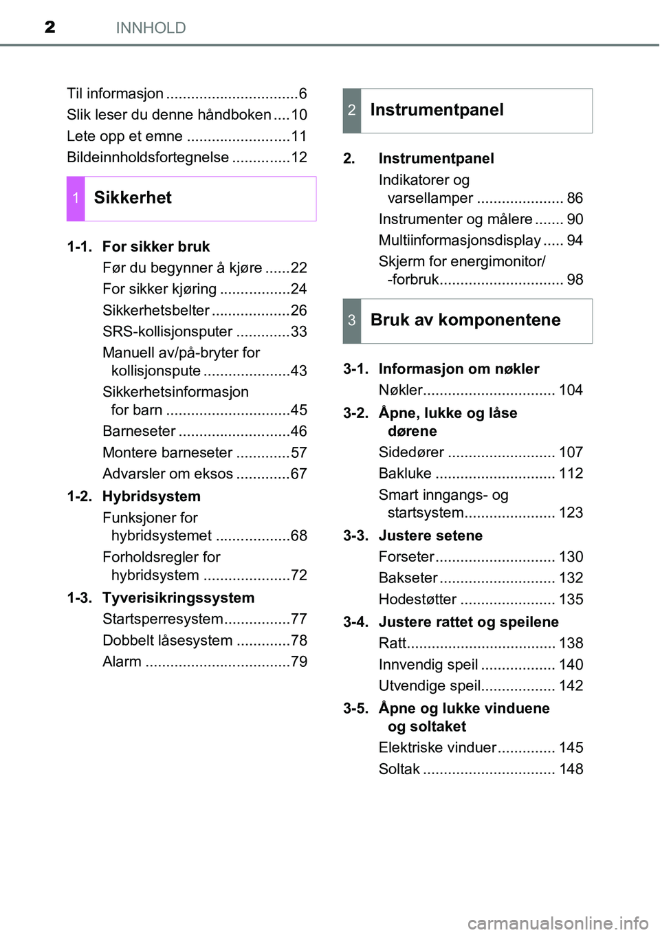 TOYOTA RAV4 2015  Instruksjoner for bruk (in Norwegian) INNHOLD2
Til informasjon ................................6
Slik leser du denne håndboken ....10
Lete opp et emne .........................11
Bildeinnholdsfortegnelse ..............12
1-1. For sikker 