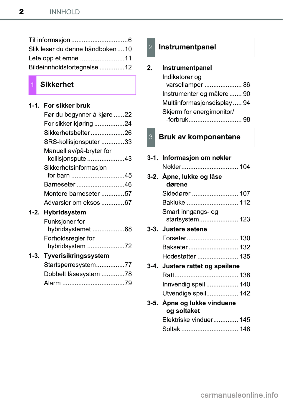 TOYOTA RAV4 HYBRID 2016 Instruksjoner for bruk (in Norwegian) INNHOLD2
Til informasjon ................................6
Slik leser du denne håndboken ....10
Lete opp et emne .........................11
Bildeinnholdsfortegnelse ..............12
1-1. For sikker TOYOTA RAV4 HYBRID 2016 Instruksjoner for bruk (in Norwegian) INNHOLD2
Til informasjon ................................6
Slik leser du denne håndboken ....10
Lete opp et emne .........................11
Bildeinnholdsfortegnelse ..............12
1-1. For sikker