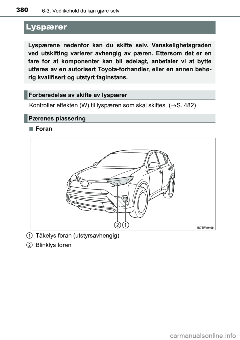 TOYOTA RAV4 HYBRID 2016  Instruksjoner for bruk (in Norwegian) 3806-3. Vedlikehold du kan gjøre selv
Lyspærer
Kontroller effekten (W) til lyspæren som skal skiftes. (→S. 482)
■Foran
Tåkelys foran (utstyrsavhengig)
Blinklys foran
Lyspærene nedenfor kan du