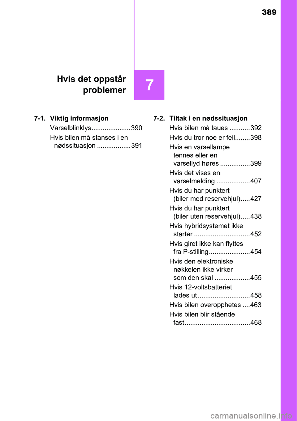 TOYOTA RAV4 HYBRID 2016 Instruksjoner for bruk (in Norwegian) 389
7
Hvis det oppstår
problemer
7-1. Viktig informasjon
Varselblinklys..................... 390
Hvis bilen må stanses i en
nødssituasjon .................. 3917-2. Tiltak i en nødssituasjon
Hvis TOYOTA RAV4 HYBRID 2016 Instruksjoner for bruk (in Norwegian) 389
7
Hvis det oppstår
problemer
7-1. Viktig informasjon
Varselblinklys..................... 390
Hvis bilen må stanses i en
nødssituasjon .................. 3917-2. Tiltak i en nødssituasjon
Hvis