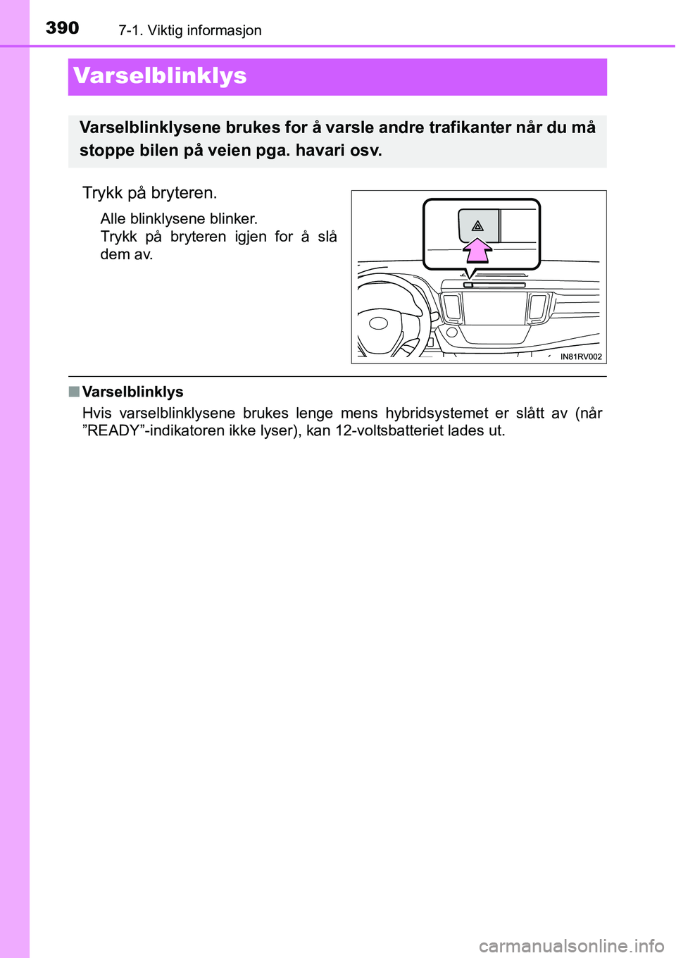 TOYOTA RAV4 HYBRID 2016 Instruksjoner for bruk (in Norwegian) 3907-1. Viktig informasjon
Varselblinklys
Trykk på bryteren.
Alle blinklysene blinker.
Trykk på bryteren igjen for å slå
dem av.
■Varselblinklys
Hvis varselblinklysene brukes lenge mens hybridsy TOYOTA RAV4 HYBRID 2016 Instruksjoner for bruk (in Norwegian) 3907-1. Viktig informasjon
Varselblinklys
Trykk på bryteren.
Alle blinklysene blinker.
Trykk på bryteren igjen for å slå
dem av.
■Varselblinklys
Hvis varselblinklysene brukes lenge mens hybridsy