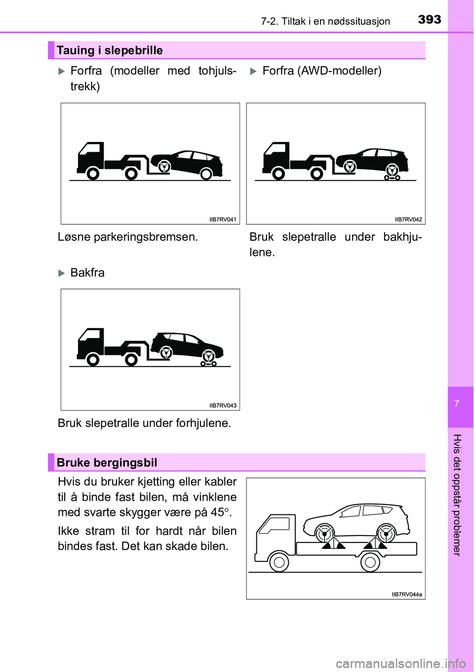TOYOTA RAV4 HYBRID 2016 Instruksjoner for bruk (in Norwegian) 3937-2. Tiltak i en nødssituasjon
7
Hvis det oppstår problemer
Hvis du bruker kjetting eller kabler
til å binde fast bilen, må vinklene
med svarte skygger være på 45°.
Ikke stram til for hardt TOYOTA RAV4 HYBRID 2016 Instruksjoner for bruk (in Norwegian) 3937-2. Tiltak i en nødssituasjon
7
Hvis det oppstår problemer
Hvis du bruker kjetting eller kabler
til å binde fast bilen, må vinklene
med svarte skygger være på 45°.
Ikke stram til for hardt