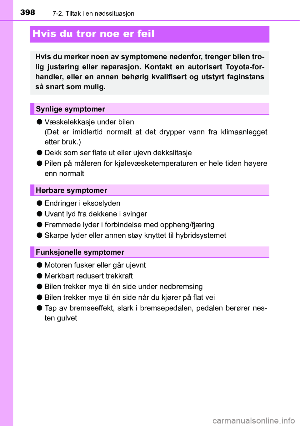 TOYOTA RAV4 HYBRID 2016 Instruksjoner for bruk (in Norwegian) 3987-2. Tiltak i en nødssituasjon
Hvis du tror noe er feil
●Væskelekkasje under bilen
(Det er imidlertid normalt at det drypper vann fra klimaanlegget
etter bruk.)
●Dekk som ser flate ut eller u TOYOTA RAV4 HYBRID 2016 Instruksjoner for bruk (in Norwegian) 3987-2. Tiltak i en nødssituasjon
Hvis du tror noe er feil
●Væskelekkasje under bilen
(Det er imidlertid normalt at det drypper vann fra klimaanlegget
etter bruk.)
●Dekk som ser flate ut eller u