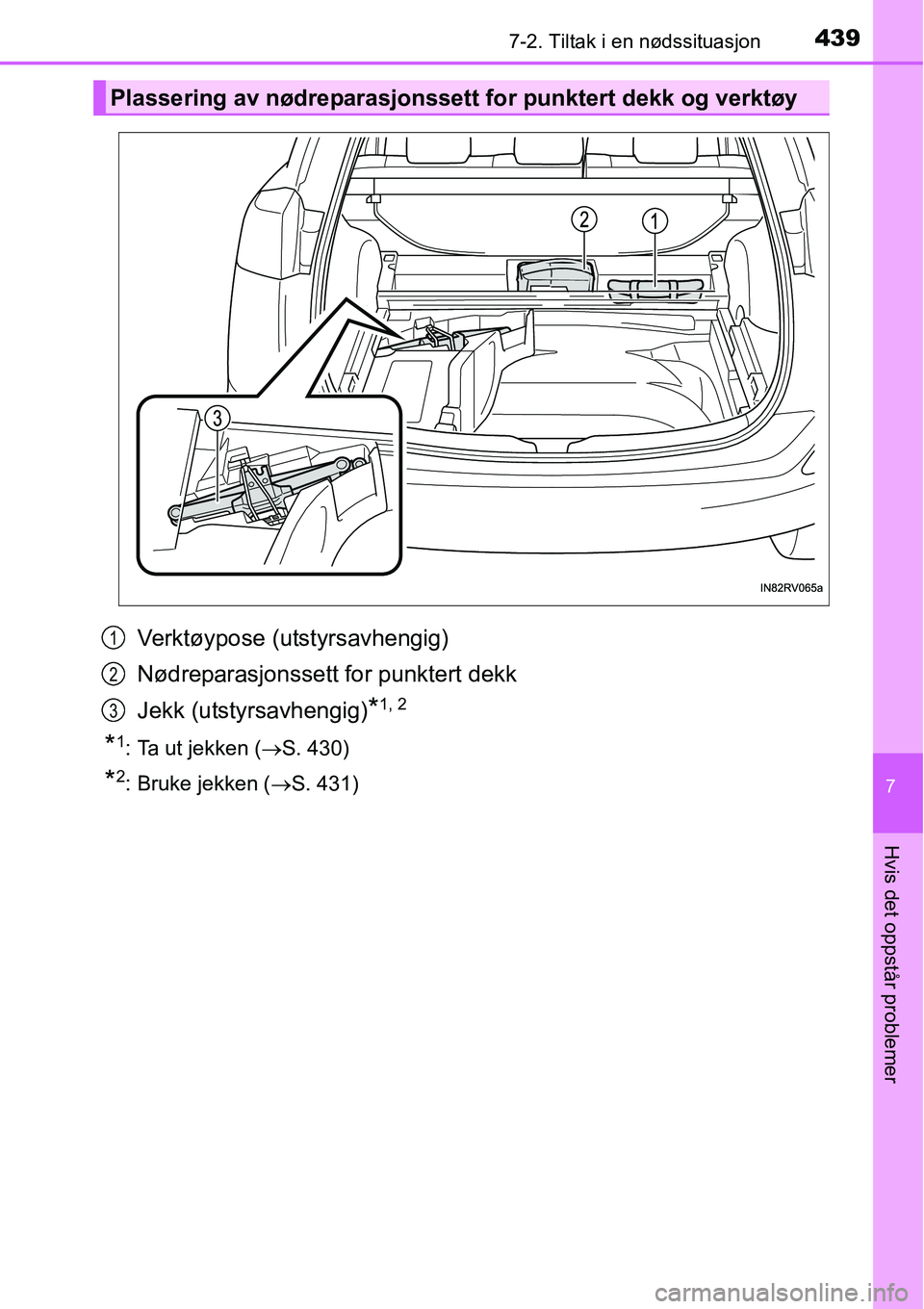 TOYOTA RAV4 HYBRID 2016  Instruksjoner for bruk (in Norwegian) 4397-2. Tiltak i en nødssituasjon
7
Hvis det oppstår problemer
Verktøypose (utstyrsavhengig)
Nødreparasjonssett for punktert dekk
Jekk (utstyrsavhengig)
*1, 2
*1: Ta ut jekken (→S. 430)
*2: Bruk