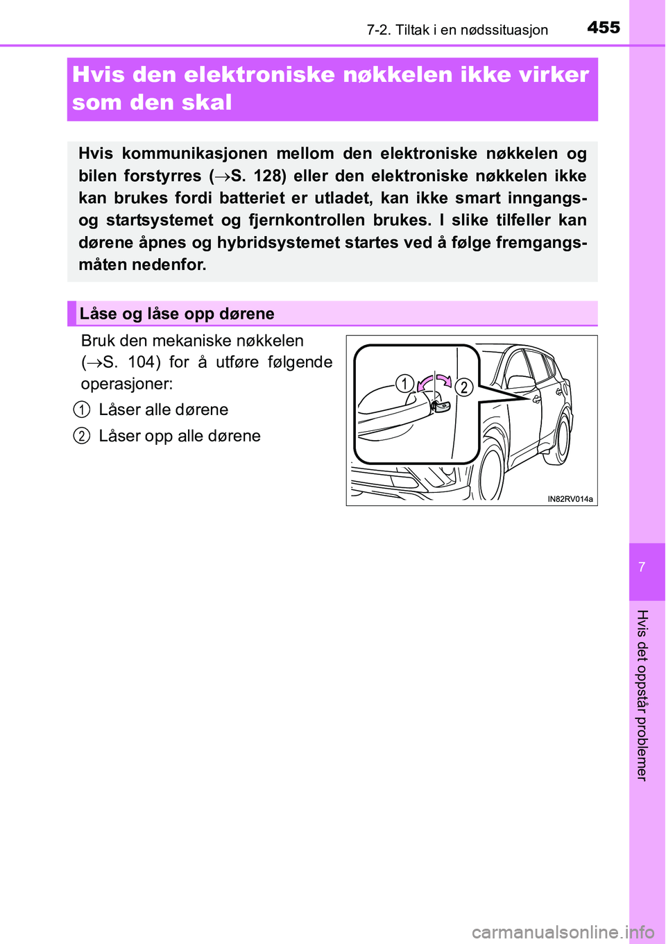 TOYOTA RAV4 HYBRID 2016 Instruksjoner for bruk (in Norwegian) 4557-2. Tiltak i en nødssituasjon
7
Hvis det oppstår problemer
Hvis den elektroniske nøkkelen ikke virker
som den skal
Bruk den mekaniske nøkkelen
(→S. 104) for å utføre følgende
operasjone TOYOTA RAV4 HYBRID 2016 Instruksjoner for bruk (in Norwegian) 4557-2. Tiltak i en nødssituasjon
7
Hvis det oppstår problemer
Hvis den elektroniske nøkkelen ikke virker
som den skal
Bruk den mekaniske nøkkelen
(→S. 104) for å utføre følgende
operasjone