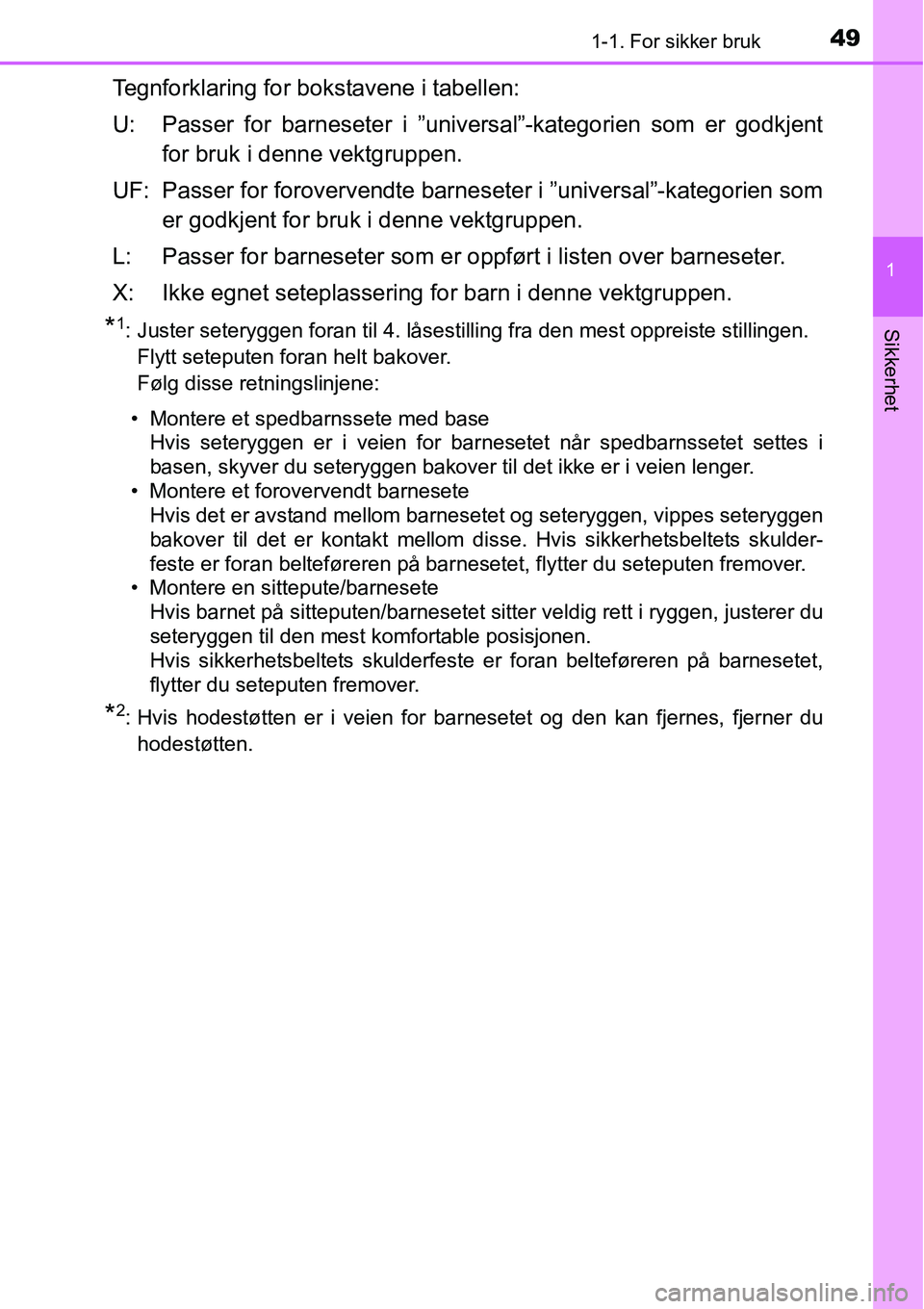 TOYOTA RAV4 2015  Instruksjoner for bruk (in Norwegian) 491-1. For sikker bruk
1
Sikkerhet
Tegnforklaring for bokstavene i tabellen:
U: Passer for barneseter i ”universal”-kategorien som er godkjent
for bruk i denne vektgruppen.
UF: Passer for foroverv