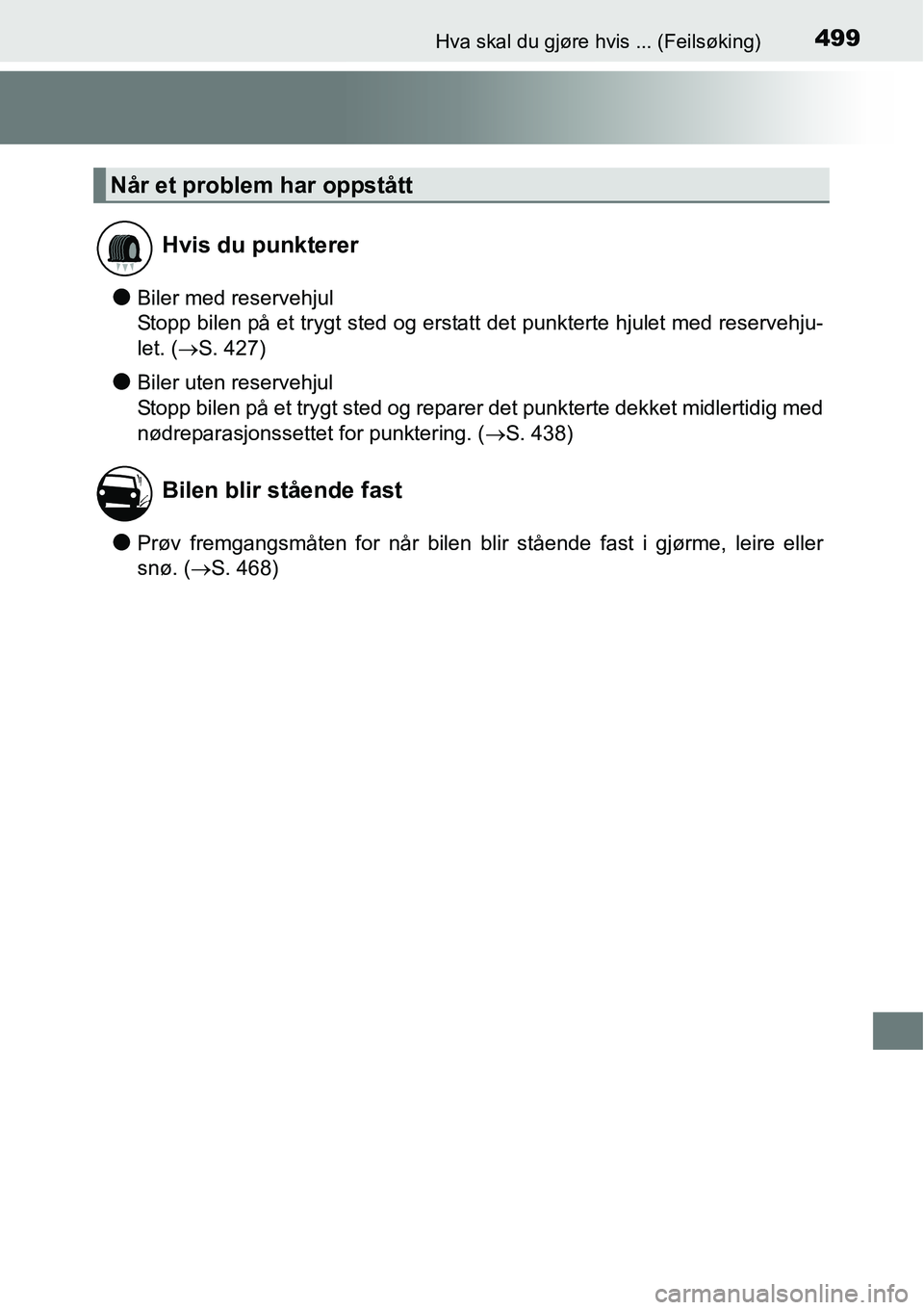 TOYOTA RAV4 HYBRID 2016 Instruksjoner for bruk (in Norwegian) 499Hva skal du gjøre hvis ... (Feilsøking)
●Biler med reservehjul
Stopp bilen på et trygt sted og erstatt det punkterte hjulet med reservehju-
let. (→S. 427)
●Biler uten reservehjul
Stopp bil TOYOTA RAV4 HYBRID 2016 Instruksjoner for bruk (in Norwegian) 499Hva skal du gjøre hvis ... (Feilsøking)
●Biler med reservehjul
Stopp bilen på et trygt sted og erstatt det punkterte hjulet med reservehju-
let. (→S. 427)
●Biler uten reservehjul
Stopp bil