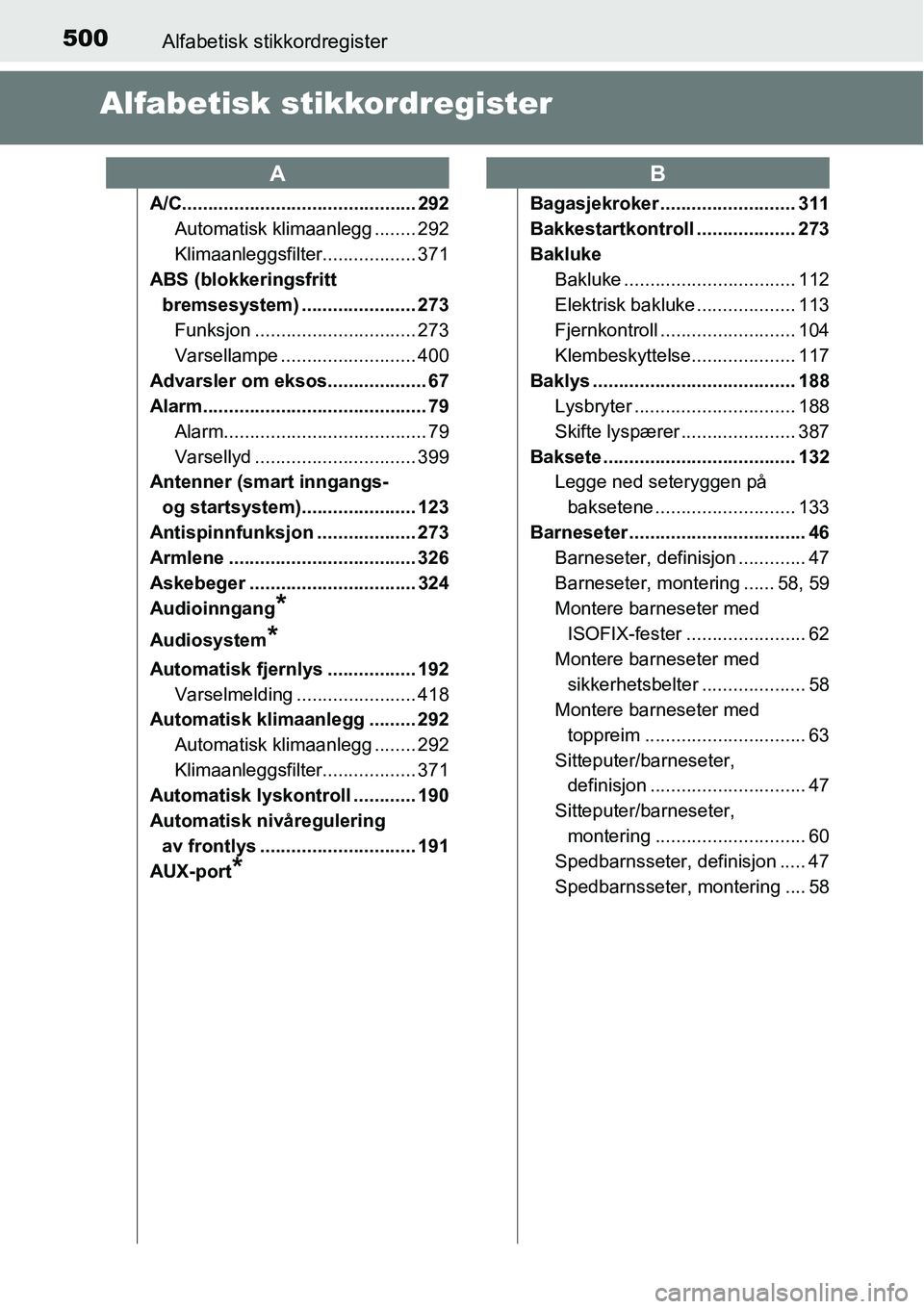 TOYOTA RAV4 HYBRID 2016 Instruksjoner for bruk (in Norwegian) 500Alfabetisk stikkordregister
Alfabetisk stikkordregister
A/C............................................. 292
Automatisk klimaanlegg ........ 292
Klimaanleggsfilter.................. 371
ABS (blokke TOYOTA RAV4 HYBRID 2016 Instruksjoner for bruk (in Norwegian) 500Alfabetisk stikkordregister
Alfabetisk stikkordregister
A/C............................................. 292
Automatisk klimaanlegg ........ 292
Klimaanleggsfilter.................. 371
ABS (blokke