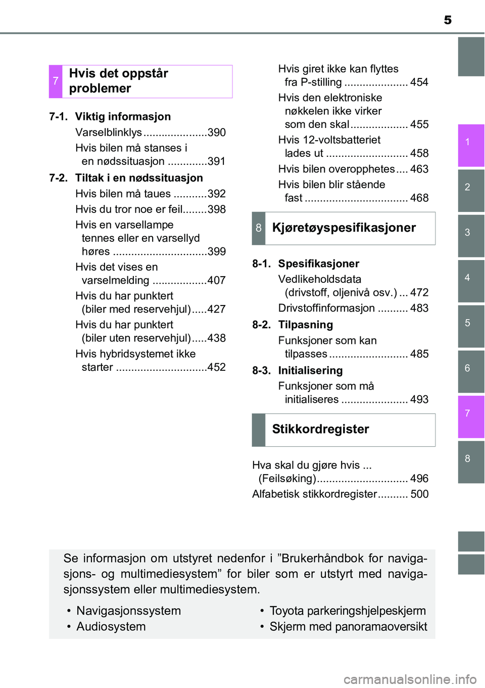 TOYOTA RAV4 HYBRID 2016 Instruksjoner for bruk (in Norwegian) 8 7
5
1
6 5
4
3
2
7-1. Viktig informasjon
Varselblinklys .....................390
Hvis bilen må stanses i
en nødssituasjon .............391
7-2. Tiltak i en nødssituasjon
Hvis bilen må taues ... TOYOTA RAV4 HYBRID 2016 Instruksjoner for bruk (in Norwegian) 8 7
5
1
6 5
4
3
2
7-1. Viktig informasjon
Varselblinklys .....................390
Hvis bilen må stanses i
en nødssituasjon .............391
7-2. Tiltak i en nødssituasjon
Hvis bilen må taues ...