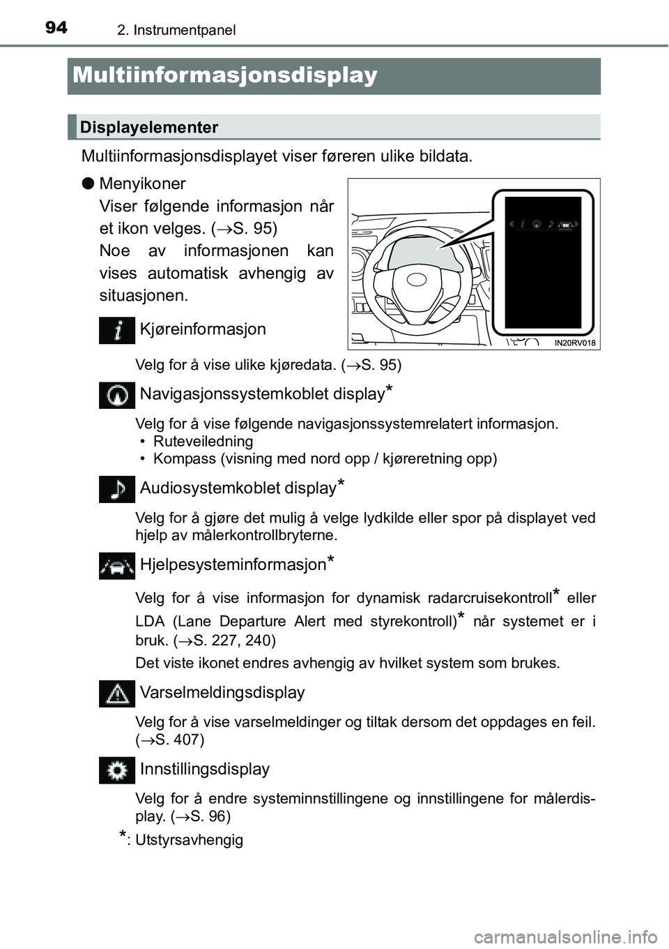 TOYOTA RAV4 2015 Instruksjoner for bruk (in Norwegian) 942. Instrumentpanel
Multiinformasjonsdisplay
Multiinformasjonsdisplayet viser føreren ulike bildata.
●Menyikoner
Viser følgende informasjon når
et ikon velges. (→S. 95)
Noe av informasjonen TOYOTA RAV4 2015 Instruksjoner for bruk (in Norwegian) 942. Instrumentpanel
Multiinformasjonsdisplay
Multiinformasjonsdisplayet viser føreren ulike bildata.
●Menyikoner
Viser følgende informasjon når
et ikon velges. (→S. 95)
Noe av informasjonen