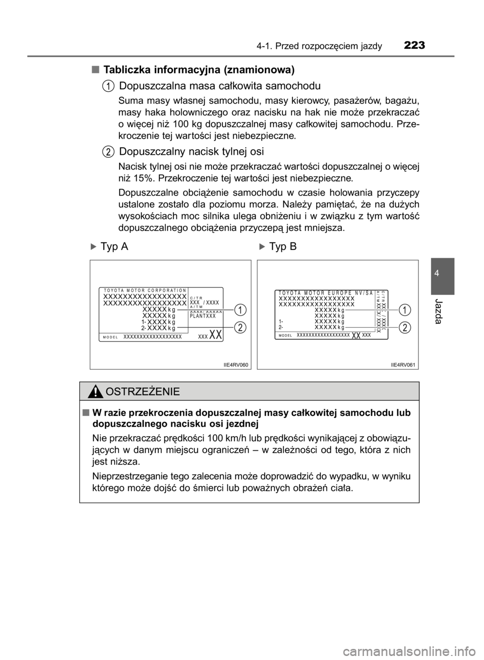 TOYOTA RAV4 2015  Instrukcja obsługi (in Polish) Tabliczka informacyjna (znamionowa)
Dopuszczalna masa ca∏kowita samochodu
Suma  masy  w∏asnej  samochodu,  masy  kierowcy,  pasa˝erów,  baga˝u,
masy  haka  holowniczego  oraz  nacisku  na  hak 