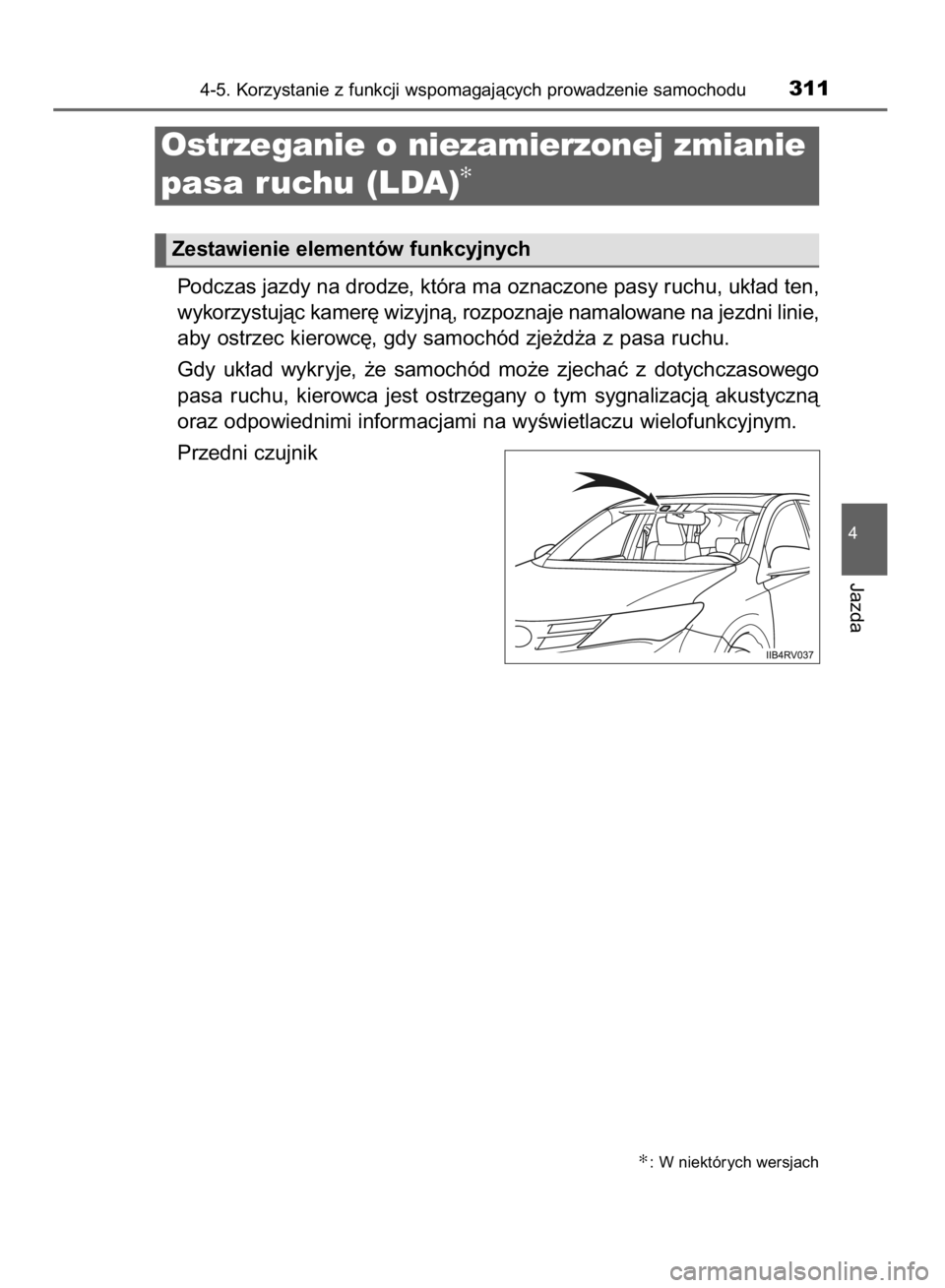 TOYOTA RAV4 2015  Instrukcja obsługi (in Polish) Podczas jazdy na drodze, która ma oznaczone pasy ruchu, uk∏ad ten,
wykorzystujàc kamer´ wizyjnà, rozpoznaje namalowane na jezdni linie,
aby ostrzec kierowc´, gdy samochód zje˝d˝a z pasa ruch