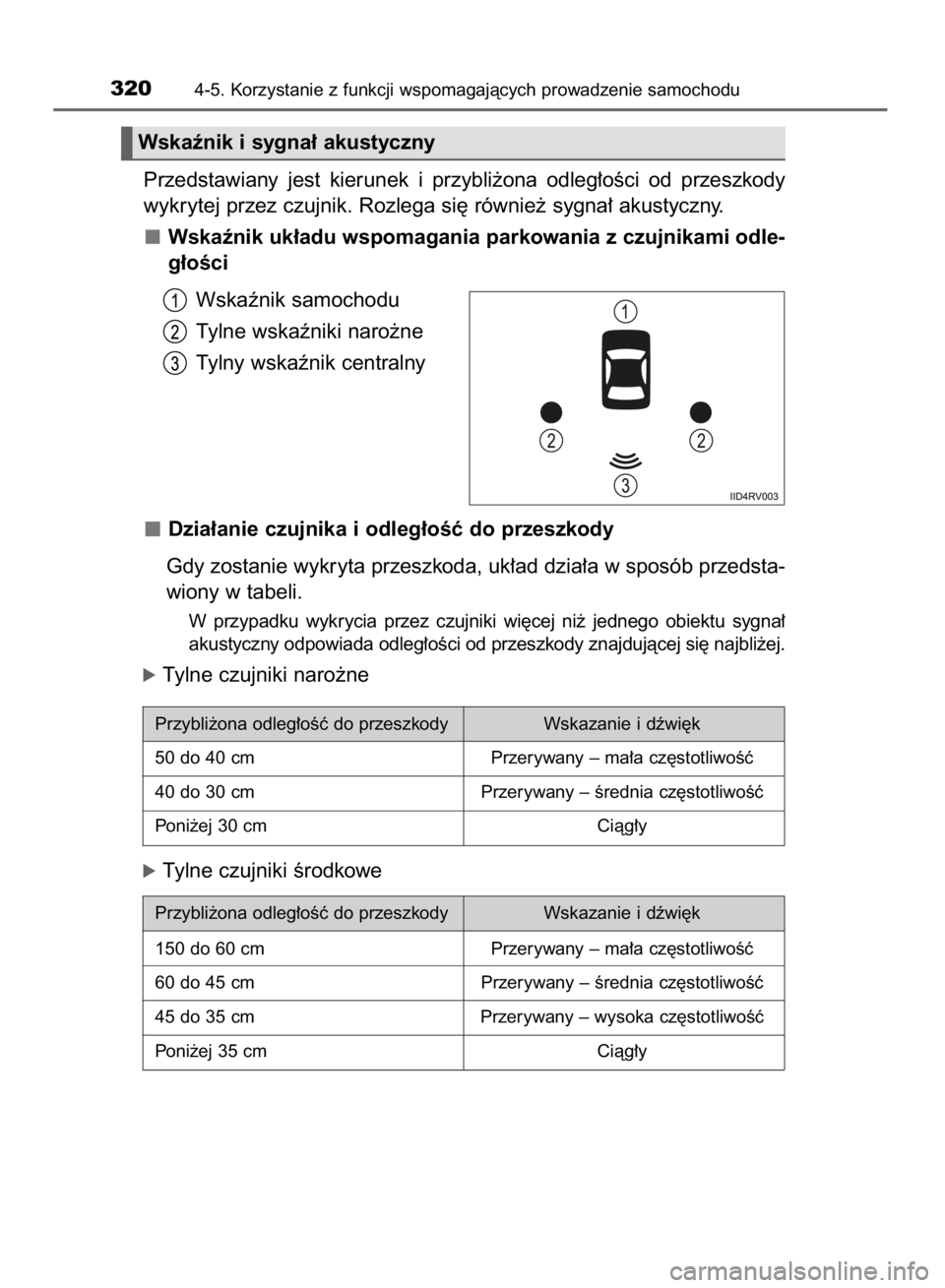 TOYOTA RAV4 2015  Instrukcja obsługi (in Polish) Przedstawiany  jest  kierunek  i przybli˝ona  odleg∏oÊci  od  przeszkody
wykrytej przez czujnik. Rozlega si´ równie˝ sygna∏ akustyczny.
Wskaênik uk∏adu wspomagania parkowania z czujnikami 