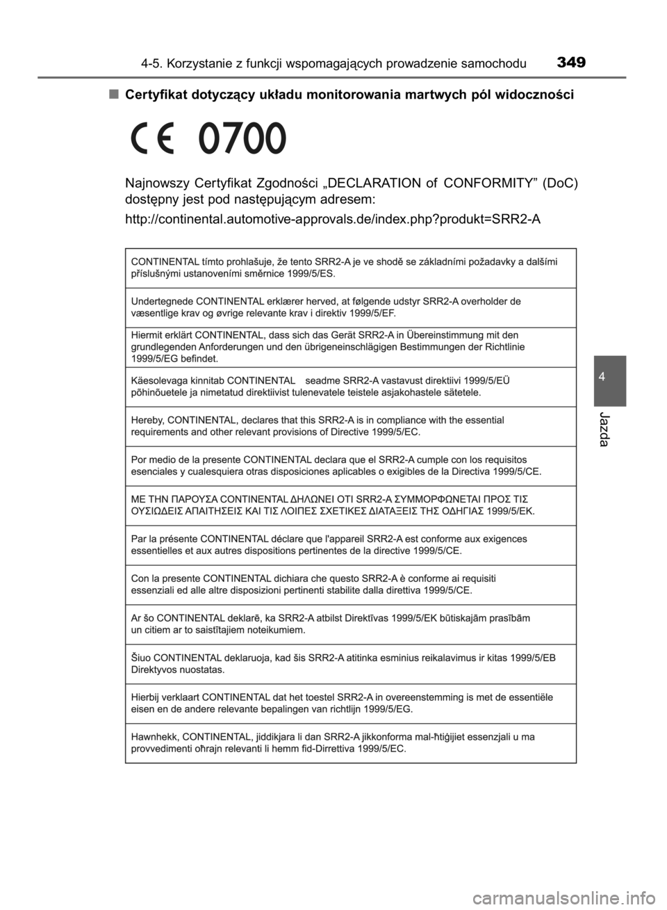 TOYOTA RAV4 2015  Instrukcja obsługi (in Polish) Certyfikat dotyczàcy uk∏adu monitorowania martwych pól widocznoÊci
Najnowszy  Cer tyfikat  ZgodnoÊci  „DECLARATION  of CONFORMITY”  (DoC)
dost´pny jest pod nast´pujàcym adresem:
http://co