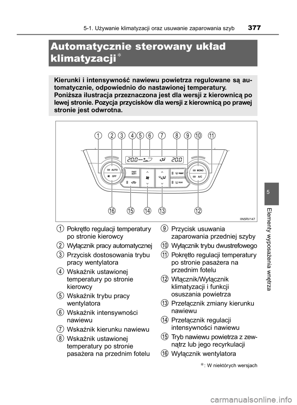 TOYOTA RAV4 2015  Instrukcja obsługi (in Polish) Pokr´t∏o regulacji temperatury
po stronie kierowcy
Wy∏àcznik pracy automatycznej
Przycisk dostosowania trybu
pracy wentylatora
Wskaênik ustawionej
temperatury po stronie
kierowcy
Wskaênik tryb