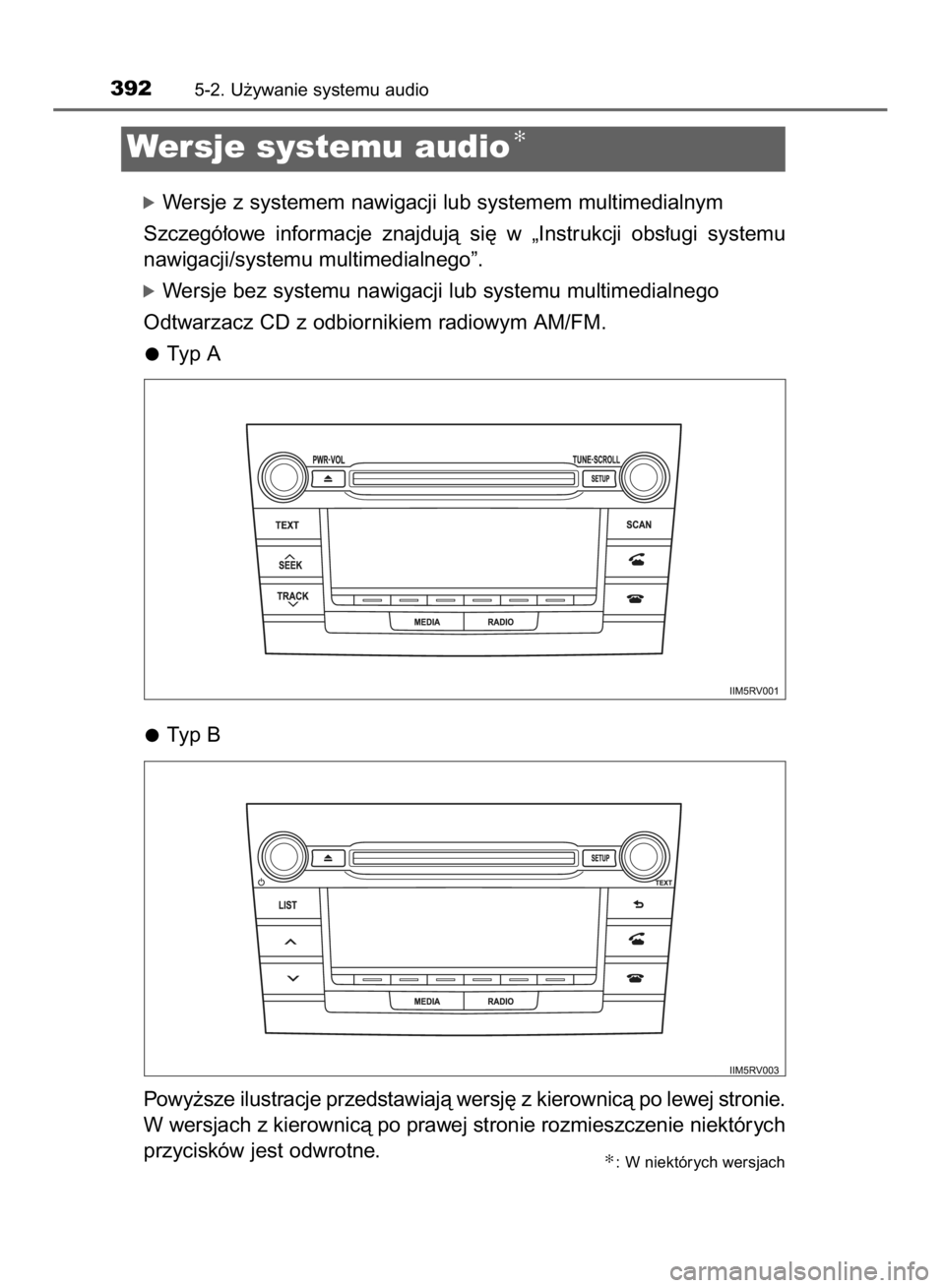 TOYOTA RAV4 2015  Instrukcja obsługi (in Polish) óWersje z systemem nawigacji lub systemem multimedialnym
Szczegó∏owe  informacje  znajdujà  si´  w „Instrukcji  obs∏ugi  systemu 
nawigacji/systemu multimedialnego”.
óWersje bez systemu n
