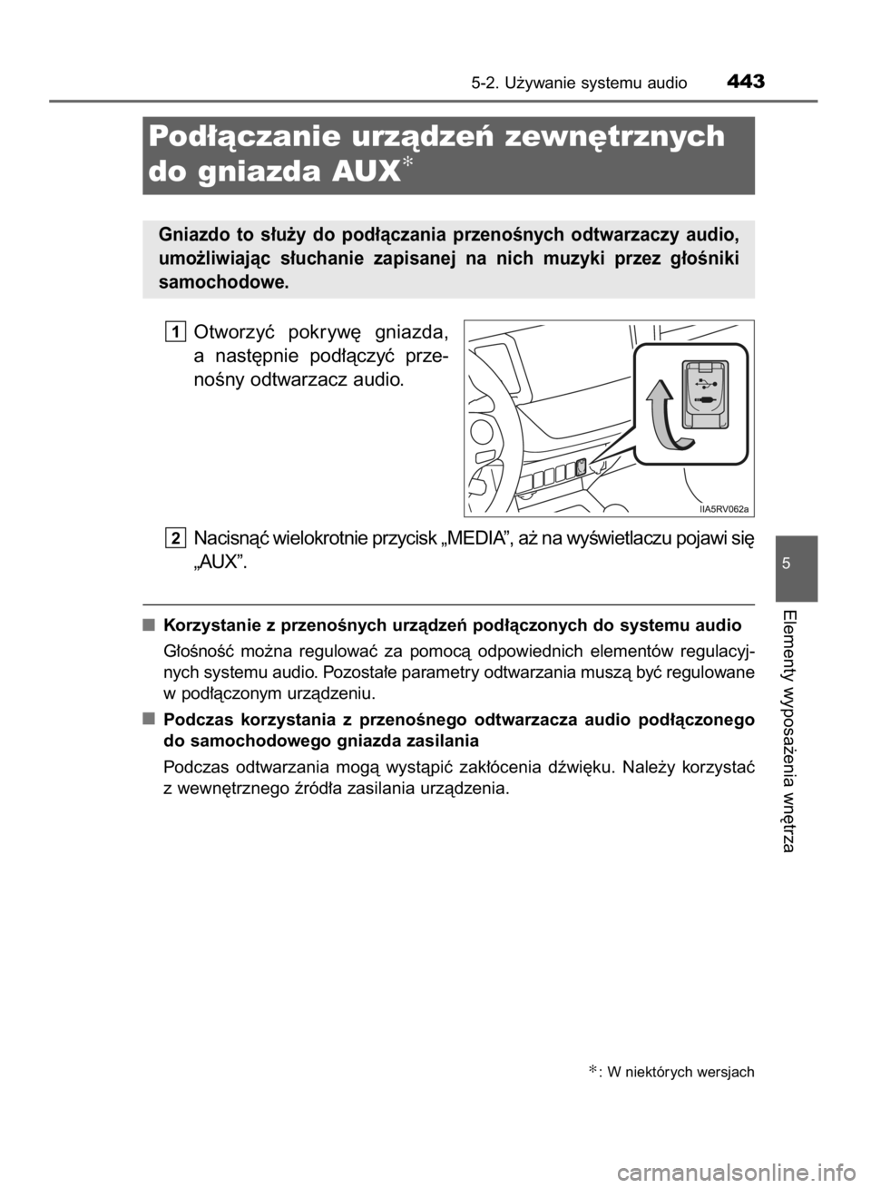 TOYOTA RAV4 2015  Instrukcja obsługi (in Polish) Otworzyç  pokryw´  gniazda,
a nast´pnie  pod∏àczyç  prze-
noÊny odtwarzacz audio.
Nacisnàç wielokrotnie przycisk „MEDIA”, a˝ na wyÊwietlaczu pojawi si´
„AUX”.
Korzystanie z przeno