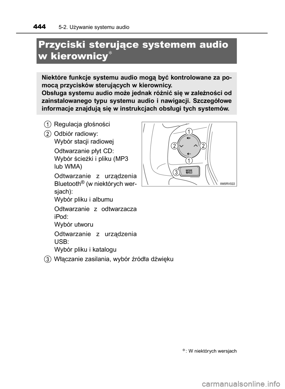 TOYOTA RAV4 2015  Instrukcja obsługi (in Polish) Regulacja g∏oÊnoÊci
Odbiór radiowy:
Wybór stacji radiowej
Odtwarzanie p∏yt CD:
Wybór Êcie˝ki i pliku (MP3
lub WMA)
Odtwarzanie  z urzàdzenia
Bluetooth
®(w niektórych wer-
sjach):
Wybór 