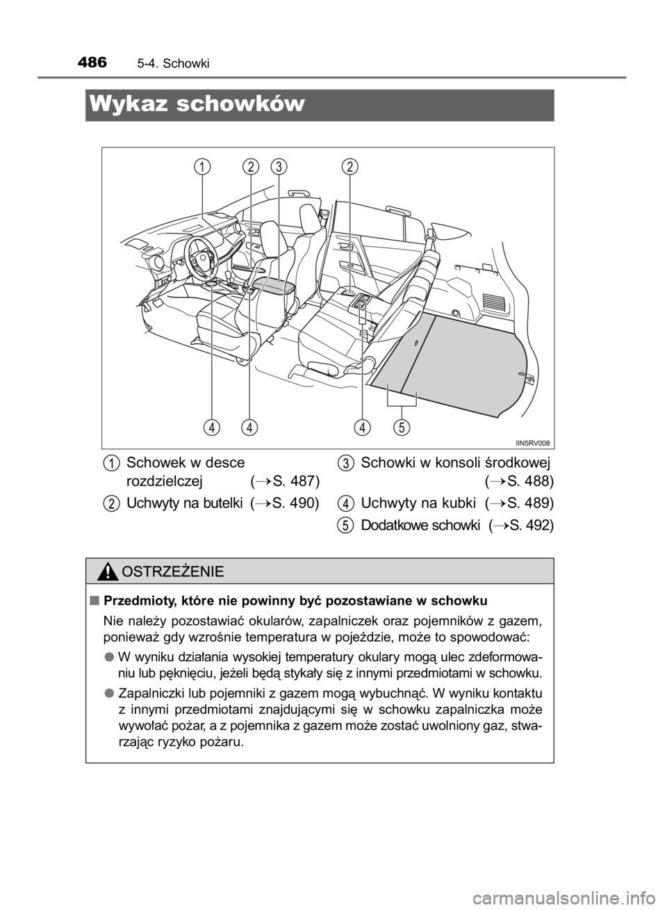 TOYOTA RAV4 2015  Instrukcja obsługi (in Polish) 4865-4. Schowki
Wykaz schowków
Schowek w desce
rozdzielczej (
S. 487)
Uchwyty na butelki (
S. 490)Schowki w konsoli Êrodkowej
(
S. 488)
Uchwyty na kubki (
S. 489)
Dodatkowe schowki (
S. 492)
P
