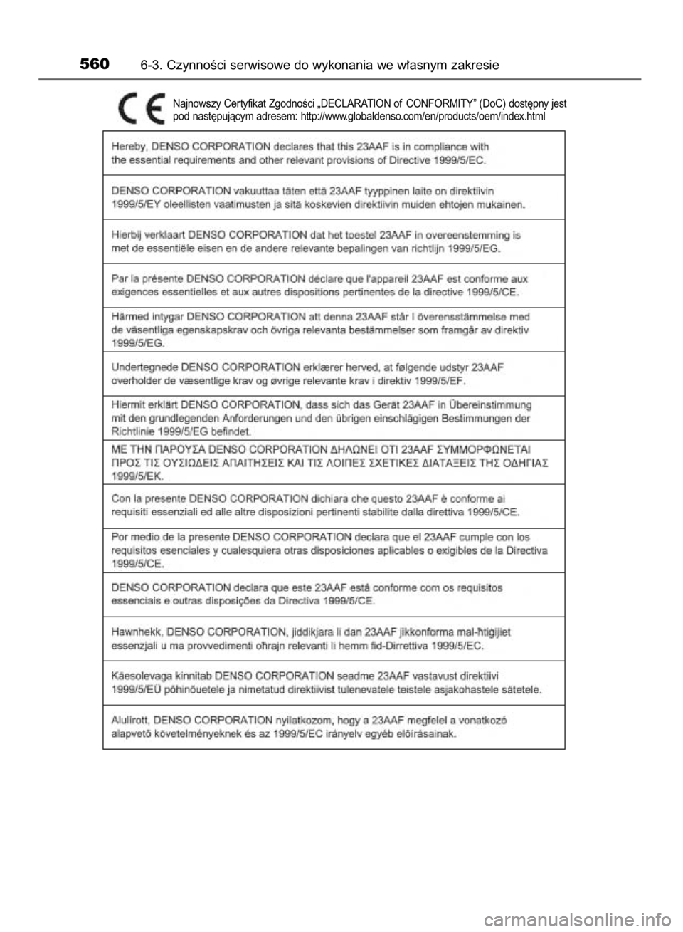 TOYOTA RAV4 2015  Instrukcja obsługi (in Polish) Najnowszy Cer tyfikat ZgodnoÊci „DECLARATION of CONFORMITY” (DoC) dost´pny jest
pod nast´pujàcym adresem: http://www.globaldenso.com/en/products/oem/index.html
5606-3. CzynnoÊci serwisowe do 