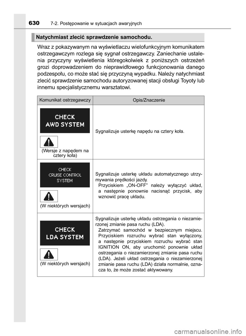 TOYOTA RAV4 2015  Instrukcja obsługi (in Polish) Wraz z pokazywanym na wyÊwietlaczu wielofunkcyjnym komunikatem
ostrzegawczym rozlega si´ sygna∏ ostrzegawczy. Zaniechanie ustale-
nia  przyczyny  wyÊwietlenia  któregokolwiek  z poni˝szych  ost