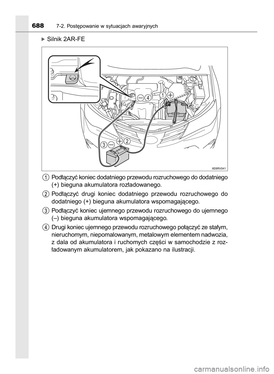 TOYOTA RAV4 2015  Instrukcja obsługi (in Polish) óSilnik 2AR-FE
Pod∏àczyç koniec dodatniego przewodu rozruchowego do dodatniego
(+) bieguna akumulatora roz∏adowanego.
Pod∏àczyç  drugi  koniec  dodatniego  przewodu  rozruchowego  do
dodatn