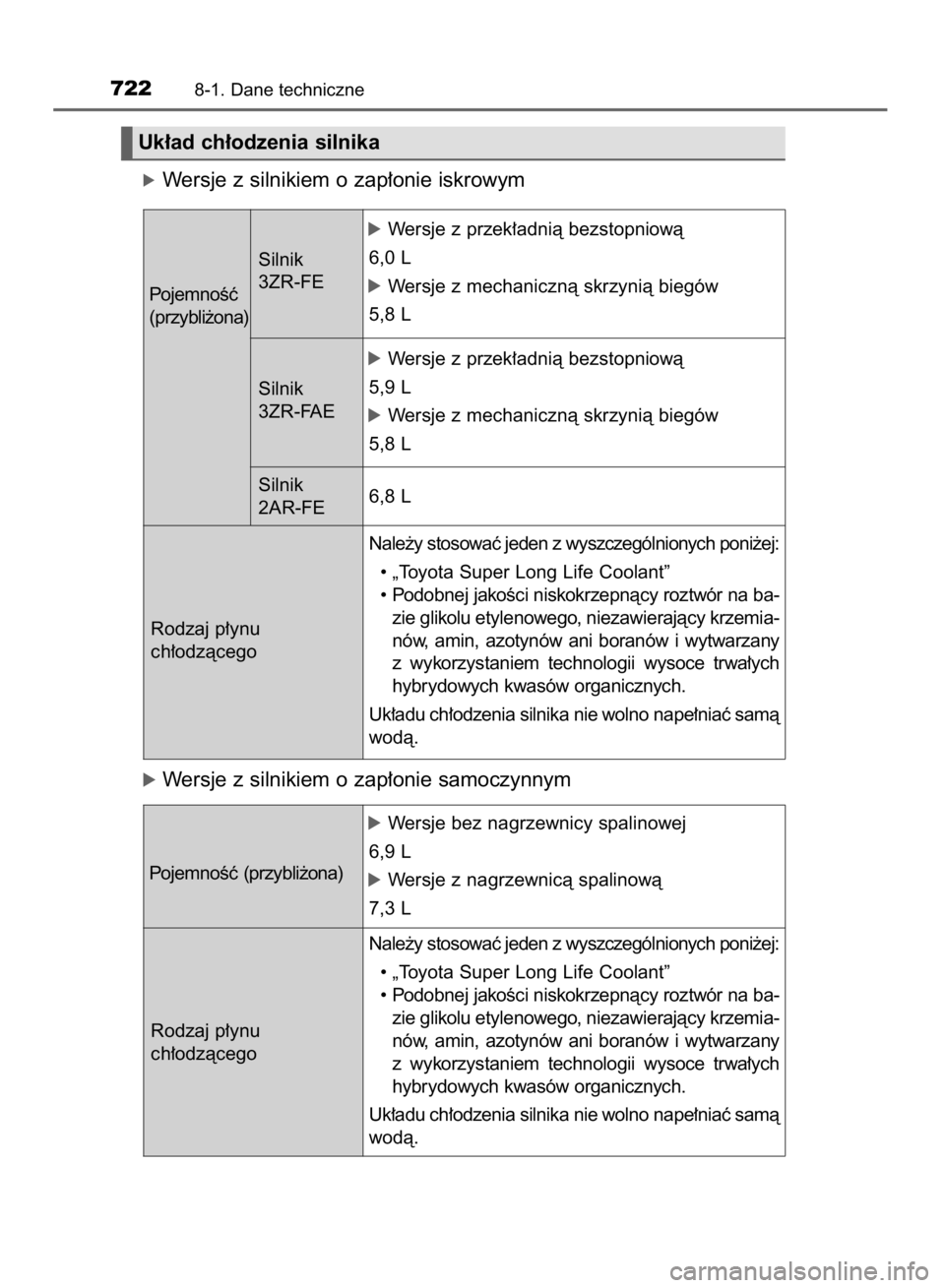 TOYOTA RAV4 2015  Instrukcja obsługi (in Polish) óWersje z silnikiem o zap∏onie iskrowym
óWersje z silnikiem o zap∏onie samoczynnym
7228-1. Dane techniczne
Uk∏ad ch∏odzenia silnika
PojemnoÊç
(przybli˝ona)
PojemnoÊç (przybli˝ona) Siln