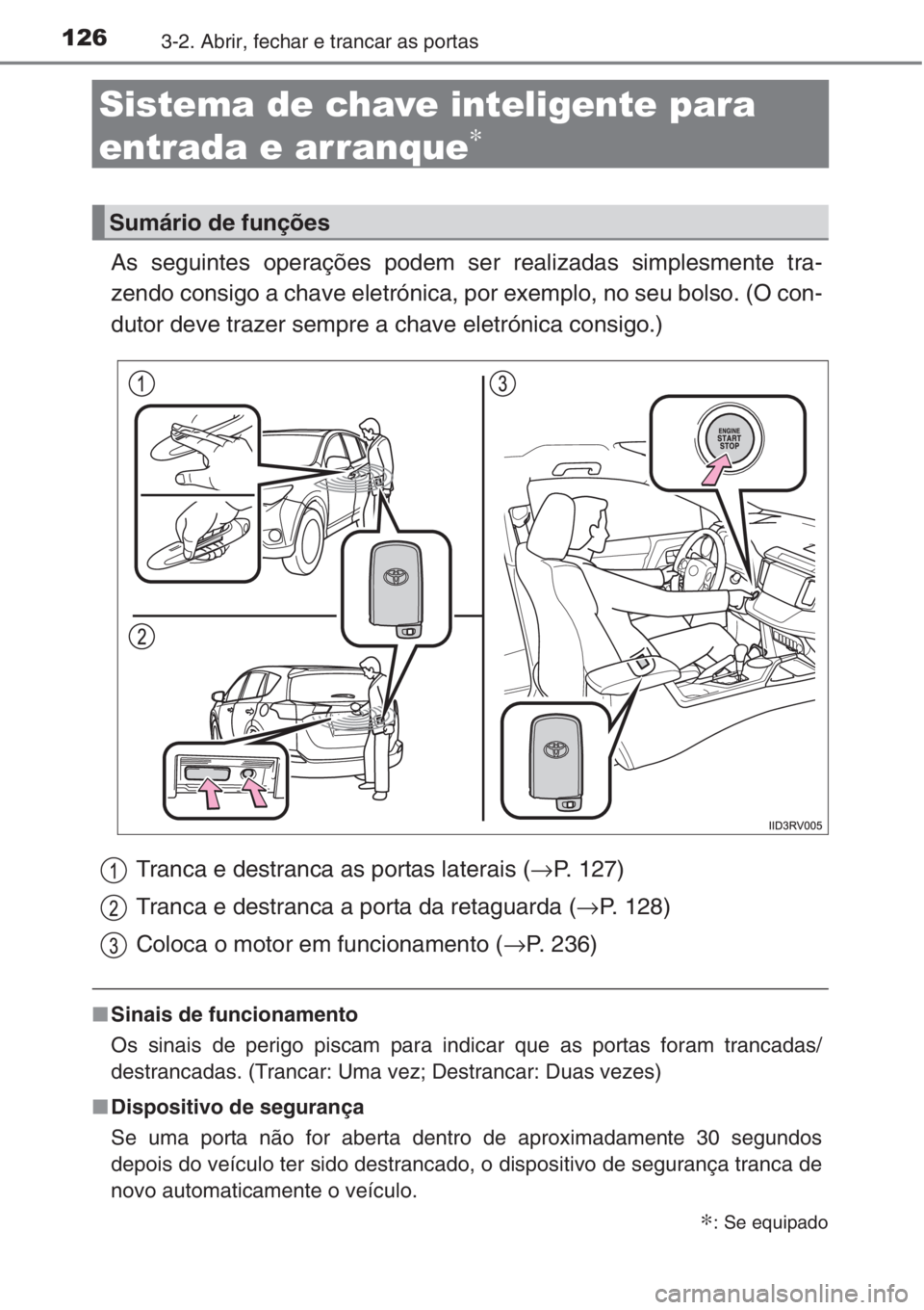 TOYOTA RAV4 2015  Manual de utilização (in Portuguese) 1263-2. Abrir, fechar e trancar as portas
Sistema de chave inteligente para 
entrada e arranque
∗
As seguintes operações podem ser realizadas simplesmente tra-
zendo consigo a chave eletrónica, p