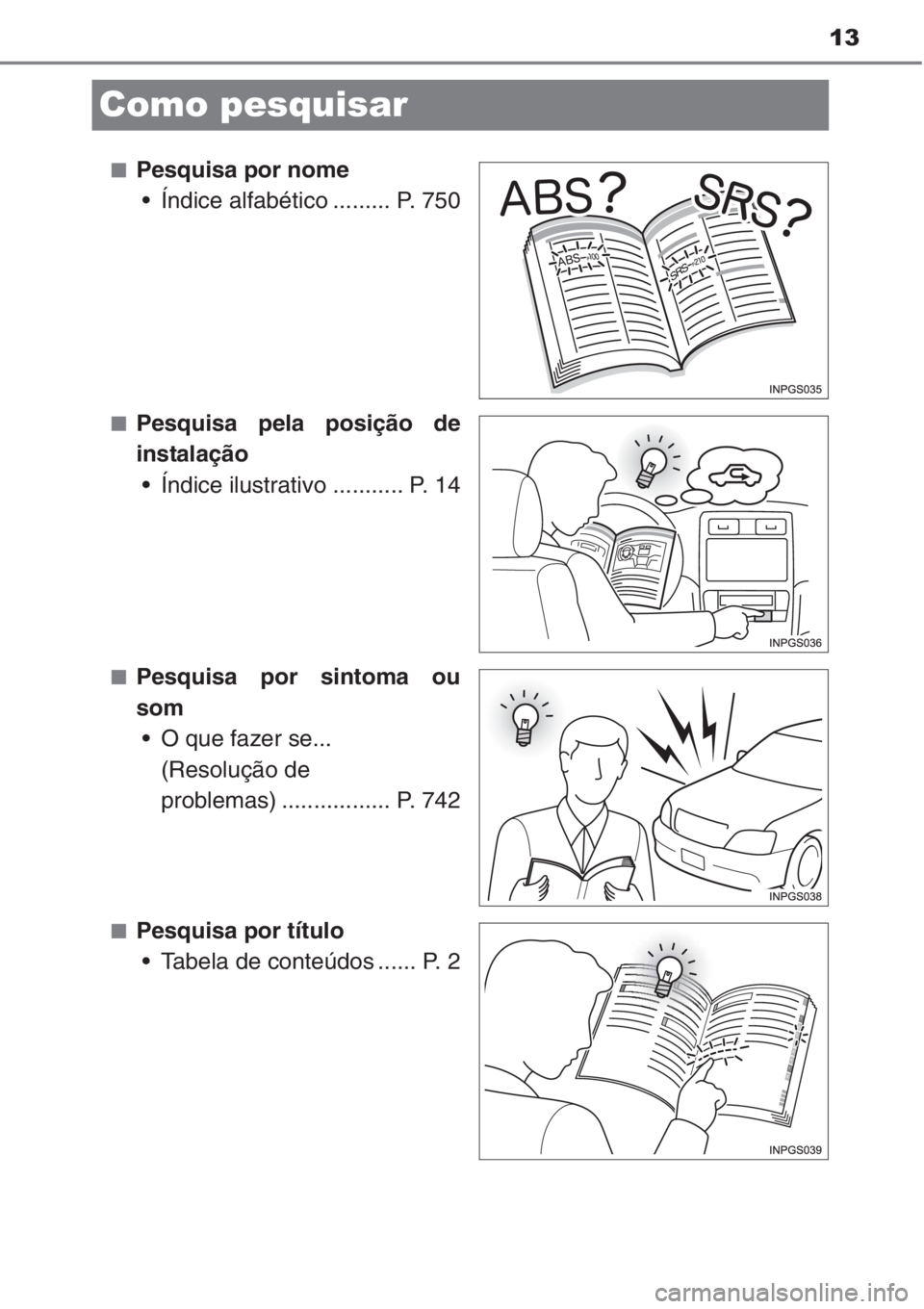 TOYOTA RAV4 2015 Manual de utilização (in Portuguese) 13
Como pesquisar
■Pesquisa por nome
• Índice alfabético ......... P. 750
■Pesquisa pela posição de
instalação
• Índice ilustrativo ........... P. 14
■Pesquisa por sintoma ou
som
• TOYOTA RAV4 2015 Manual de utilização (in Portuguese) 13
Como pesquisar
■Pesquisa por nome
• Índice alfabético ......... P. 750
■Pesquisa pela posição de
instalação
• Índice ilustrativo ........... P. 14
■Pesquisa por sintoma ou
som
•