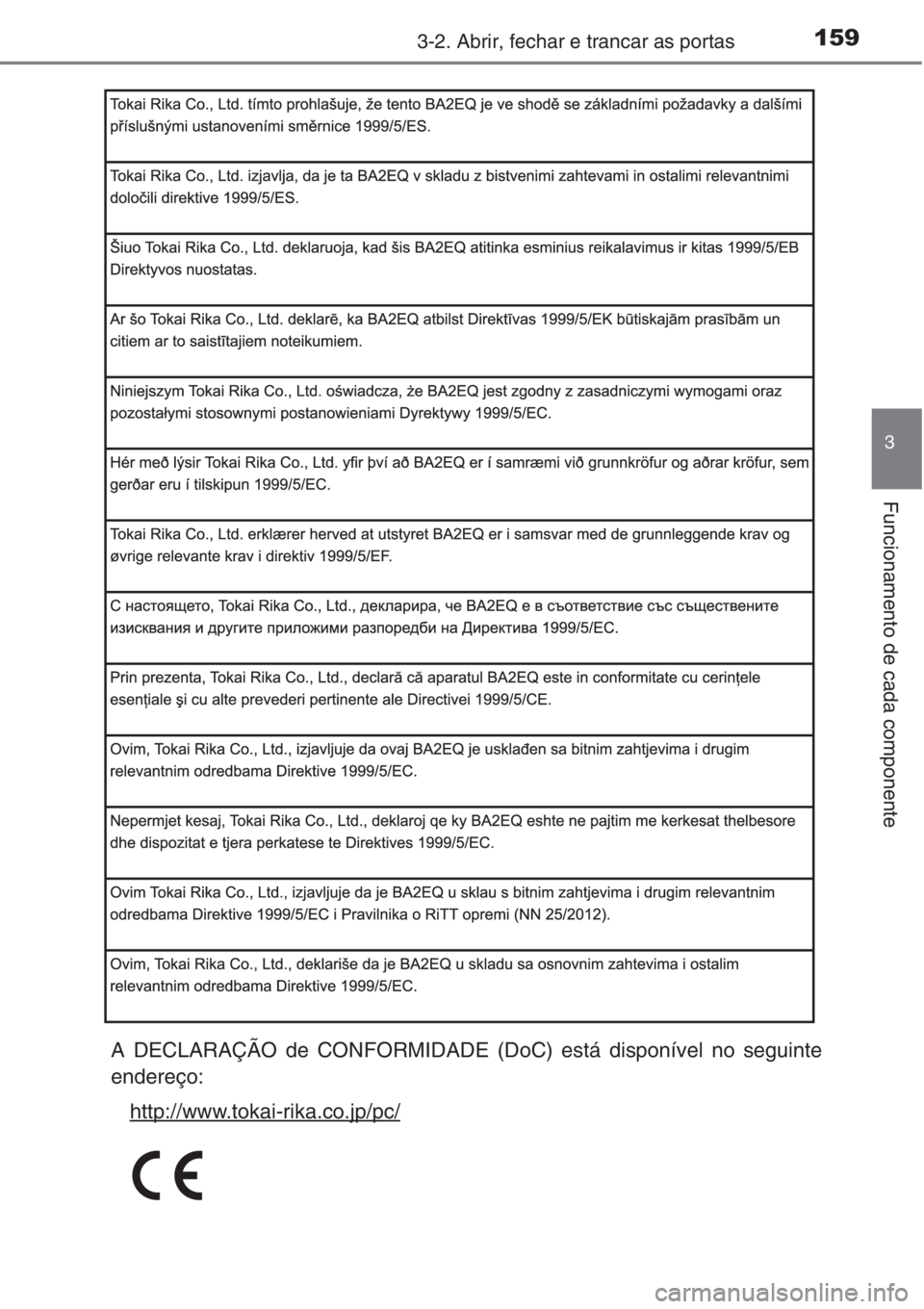 TOYOTA RAV4 2015  Manual de utilização (in Portuguese) 1593-2. Abrir, fechar e trancar as portas
3
Funcionamento de cada componente
A DECLARAÇÃO de CONFORMIDADE (DoC) está disponível no seguinte
endereço:
http://www.tokai-rika.co.jp/pc/ 