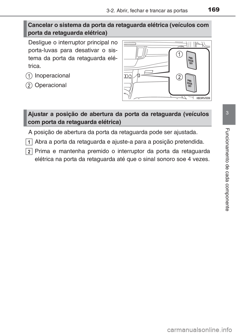 TOYOTA RAV4 2015  Manual de utilização (in Portuguese) 1693-2. Abrir, fechar e trancar as portas
3
Funcionamento de cada componente
Desligue o interruptor principal no
porta-luvas para desativar o sis-
tema da porta da retaguarda elé-
trica.
Inoperaciona