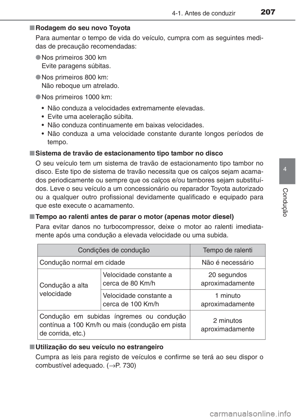 TOYOTA RAV4 2015  Manual de utilização (in Portuguese) 2074-1. Antes de conduzir
4
Condução
■Rodagem do seu novo Toyota
Para aumentar o tempo de vida do veículo, cumpra com as seguintes medi-
das de precaução recomendadas:
●Nos primeiros 300 km 

