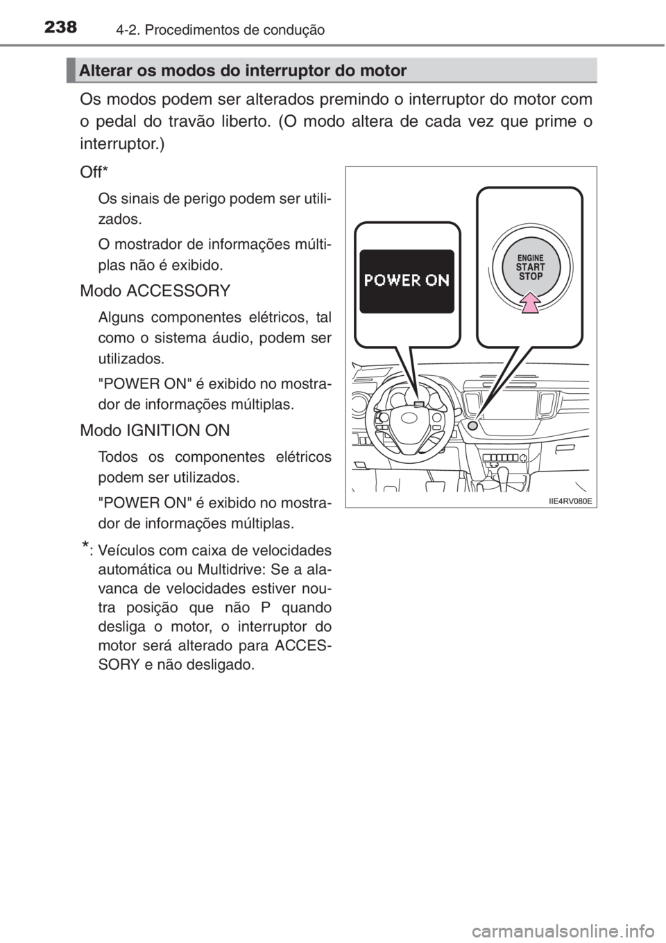 TOYOTA RAV4 2015  Manual de utilização (in Portuguese) 2384-2. Procedimentos de condução
Os modos podem ser alterados premindo o interruptor do motor com
o pedal do travão liberto. (O modo altera de cada vez que prime o
interruptor.)
Off*
Os sinais de 