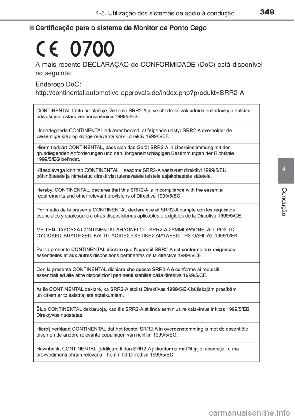 TOYOTA RAV4 2015  Manual de utilização (in Portuguese) 3494-5. Utilização dos sistemas de apoio à condução
4
Condução
■Certificação para o sistema de Monitor de Ponto Cego
A mais recente DECLARAÇÃO de CONFORMIDADE (DoC) está disponível
no s