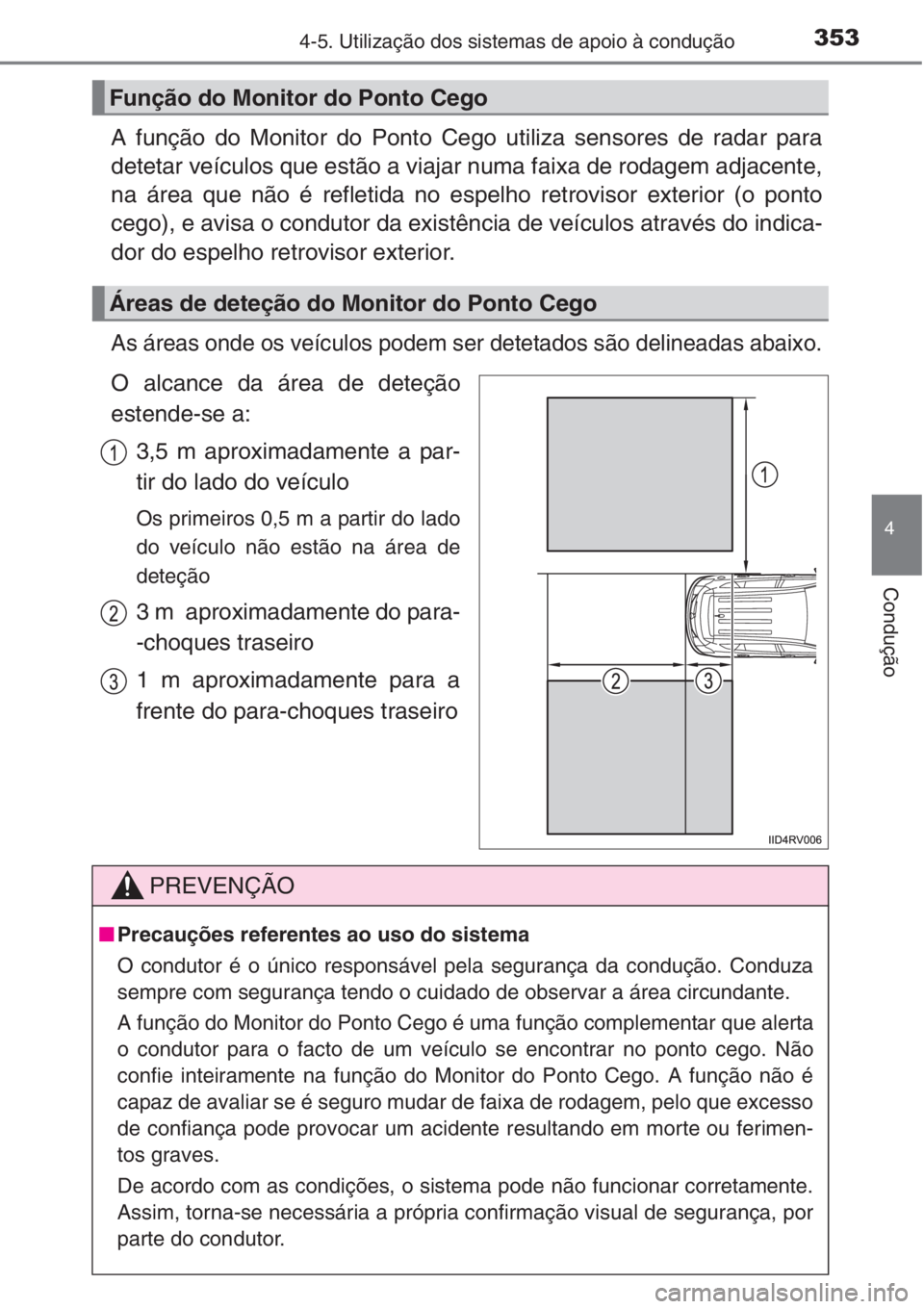 TOYOTA RAV4 2015 Manual de utilização (in Portuguese) 3534-5. Utilização dos sistemas de apoio à condução
4
Condução
A função do Monitor do Ponto Cego utiliza sensores de radar para
detetar veículos que estão a viajar numa faixa de rodagem adj TOYOTA RAV4 2015 Manual de utilização (in Portuguese) 3534-5. Utilização dos sistemas de apoio à condução
4
Condução
A função do Monitor do Ponto Cego utiliza sensores de radar para
detetar veículos que estão a viajar numa faixa de rodagem adj