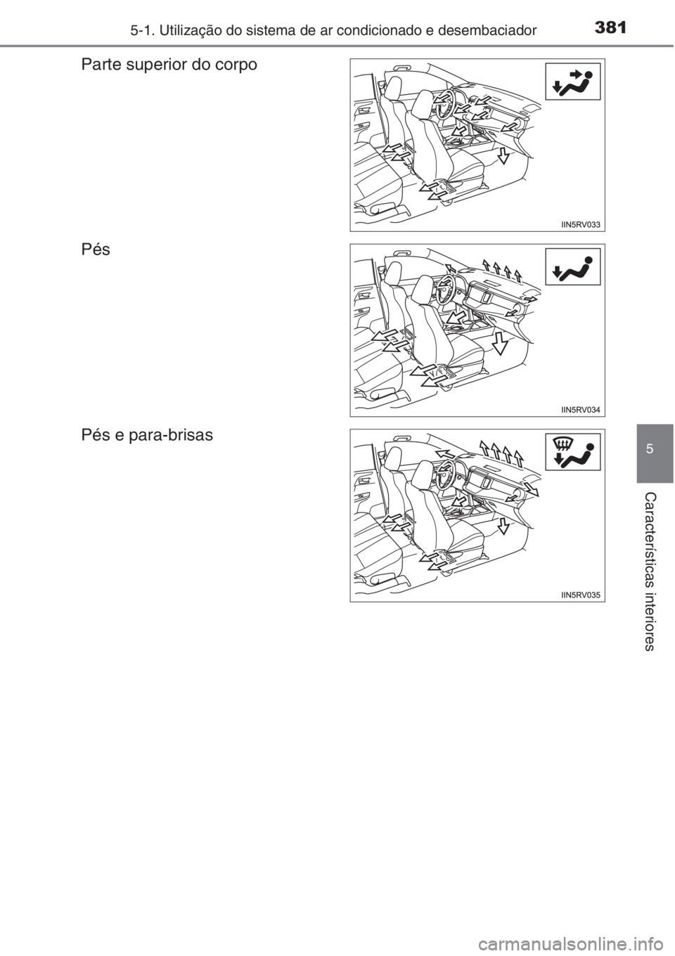 TOYOTA RAV4 2015 Manual de utilização (in Portuguese) 3815-1. Utilização do sistema de ar condicionado e desembaciador
5
Características interiores
Parte superior do corpo
Pés
Pés e para-brisas TOYOTA RAV4 2015 Manual de utilização (in Portuguese) 3815-1. Utilização do sistema de ar condicionado e desembaciador
5
Características interiores
Parte superior do corpo
Pés
Pés e para-brisas