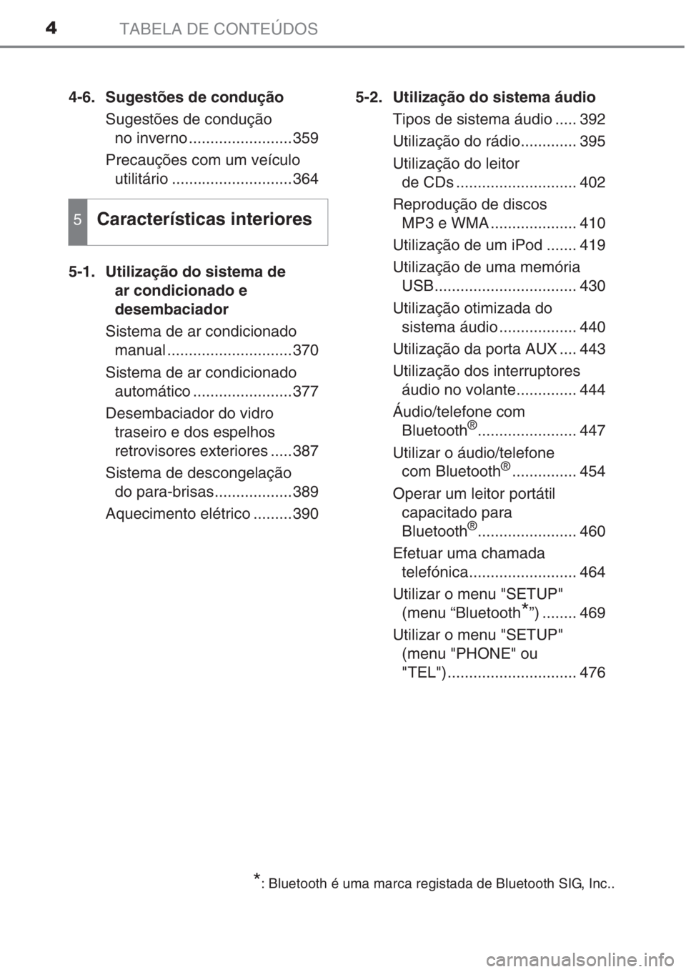 TOYOTA RAV4 2015 Manual de utilização (in Portuguese) TABELA DE CONTEÚDOS4
4-6. Sugestões de condução
Sugestões de condução
no inverno ........................359
Precauções com um veículo
utilitário ............................364
5-1. Util TOYOTA RAV4 2015 Manual de utilização (in Portuguese) TABELA DE CONTEÚDOS4
4-6. Sugestões de condução
Sugestões de condução
no inverno ........................359
Precauções com um veículo
utilitário ............................364
5-1. Util