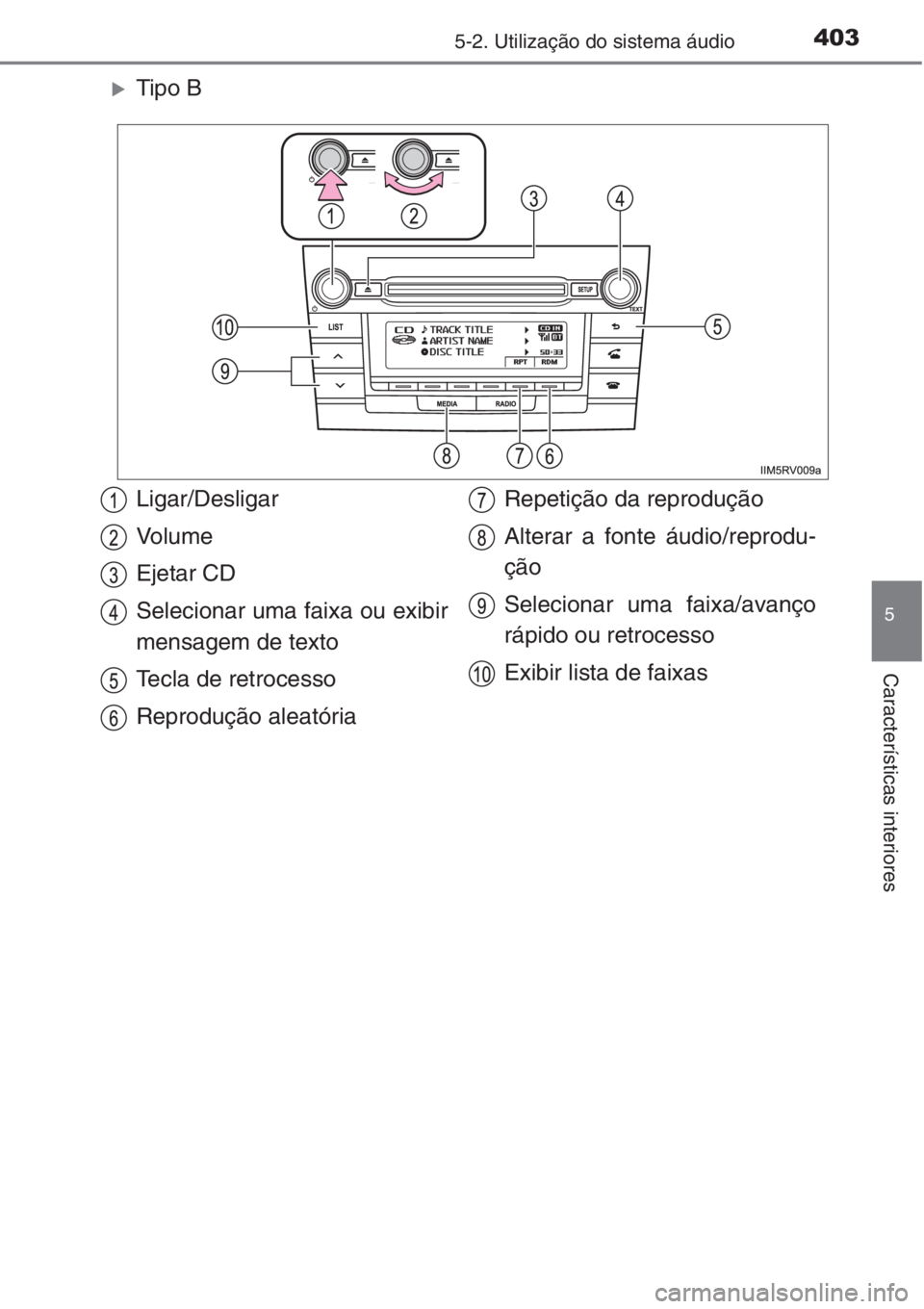 TOYOTA RAV4 2015  Manual de utilização (in Portuguese) 4035-2. Utilização do sistema áudio
5
Características interiores
�XTipo B
Ligar/Desligar
Vo l u m e
Ejetar CD
Selecionar uma faixa ou exibir
mensagem de texto
Tecla de retrocesso
Reprodução alea