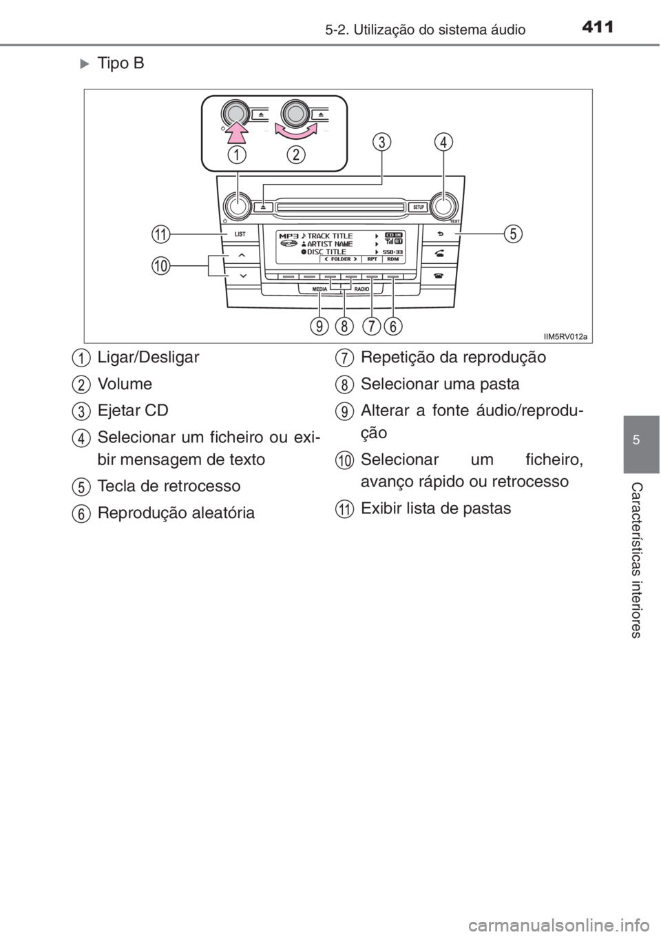 TOYOTA RAV4 2015  Manual de utilização (in Portuguese) 4115-2. Utilização do sistema áudio
5
Características interiores
�XTipo B
Ligar/Desligar
Vo l u m e
Ejetar CD
Selecionar um ficheiro ou exi-
bir mensagem de texto
Tecla de retrocesso
Reprodução 