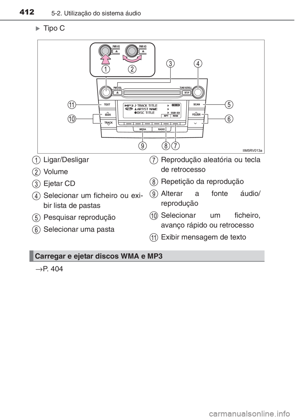 TOYOTA RAV4 2015  Manual de utilização (in Portuguese) 4125-2. Utilização do sistema áudio
�XTipo C
→P. 404
Ligar/Desligar
Vo l u m e
Ejetar CD
Selecionar um ficheiro ou exi-
bir lista de pastas
Pesquisar reprodução
Selecionar uma pastaReprodução