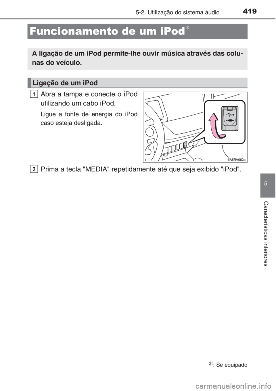 TOYOTA RAV4 2015  Manual de utilização (in Portuguese) 419
5
5-2. Utilização do sistema áudio
Características interiores
Funcionamento de um iPod∗
Abra a tampa e conecte o iPod
utilizando um cabo iPod.
Ligue a fonte de energia do iPod
caso esteja de