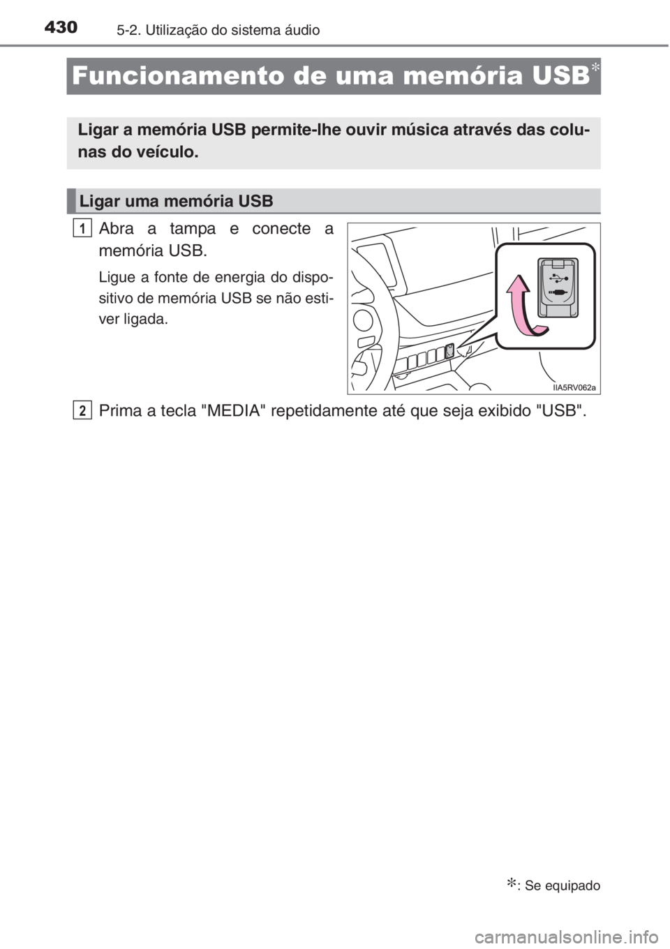 TOYOTA RAV4 2015  Manual de utilização (in Portuguese) 4305-2. Utilização do sistema áudio
Funcionamento de uma memória USB∗
Abra a tampa e conecte a
memória USB.
Ligue a fonte de energia do dispo-
sitivo de memória USB se não esti-
ver ligada.
P