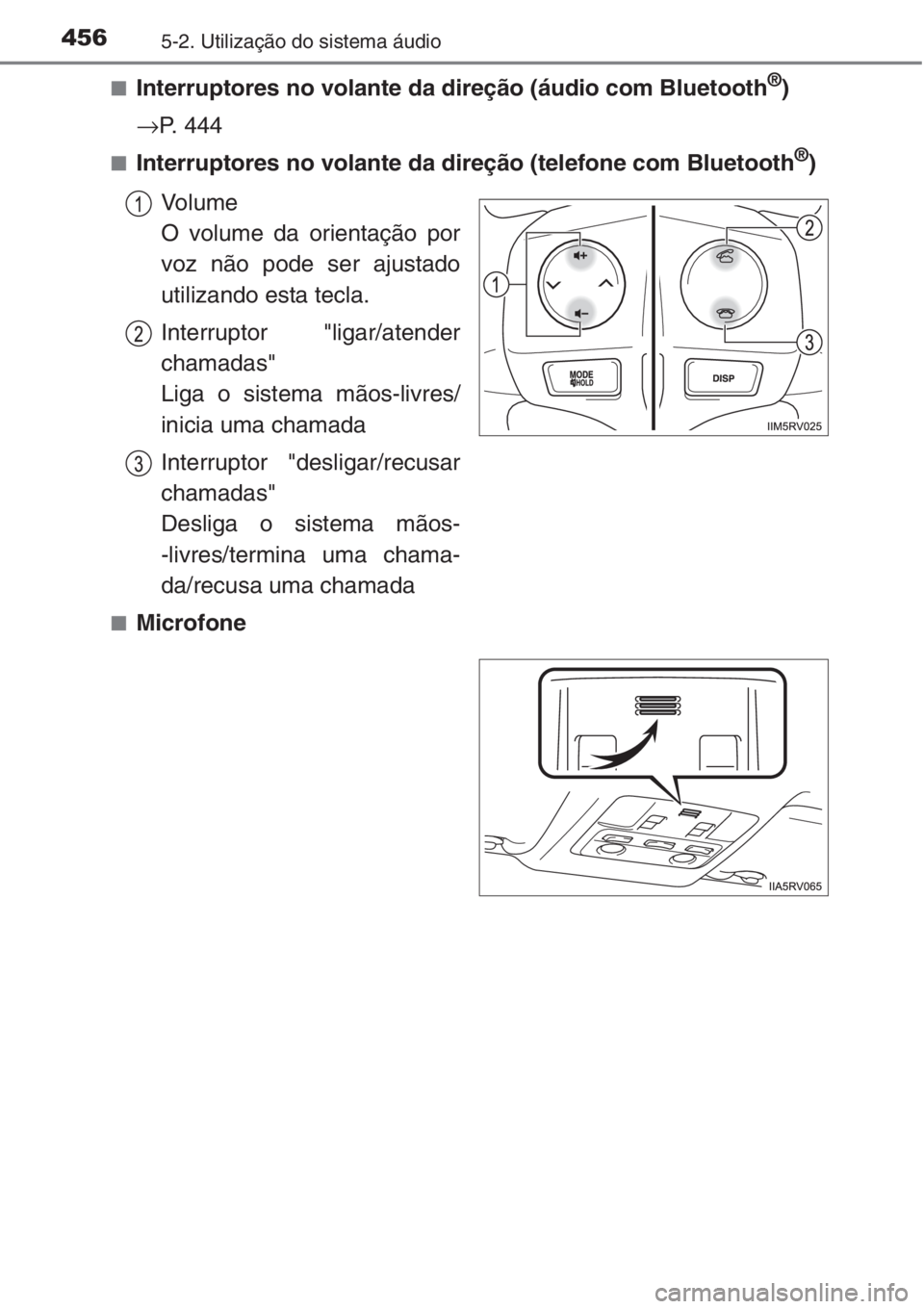 TOYOTA RAV4 2015  Manual de utilização (in Portuguese) 4565-2. Utilização do sistema áudio
■Interruptores no volante da direção (áudio com Bluetooth®)
→P. 444
■Interruptores no volante da direção (telefone com Bluetooth®)
Vo l u m e
O volu