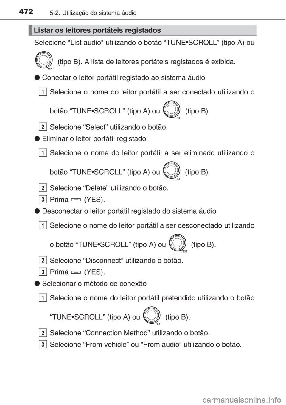 TOYOTA RAV4 2015 Manual de utilização (in Portuguese) 4725-2. Utilização do sistema áudio
Selecione "List audio" utilizando o botão “TUNE•SCROLL” (tipo A) ou
(tipo B). A lista de leitores portáteis registados é exibida.
●Conectar o TOYOTA RAV4 2015 Manual de utilização (in Portuguese) 4725-2. Utilização do sistema áudio
Selecione "List audio" utilizando o botão “TUNE•SCROLL” (tipo A) ou
(tipo B). A lista de leitores portáteis registados é exibida.
●Conectar o