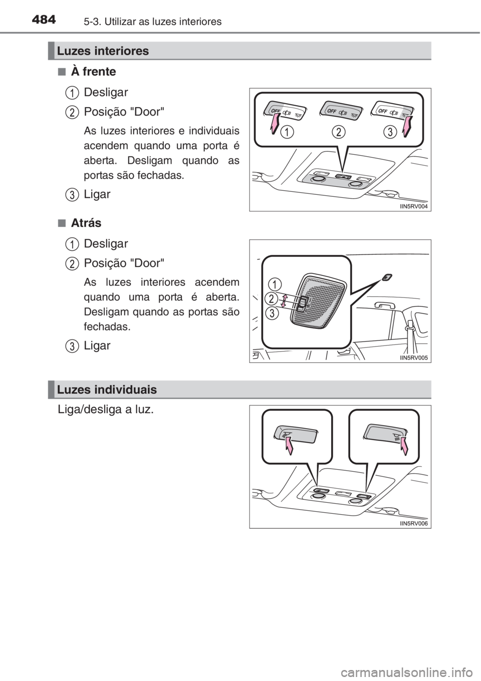 TOYOTA RAV4 2015  Manual de utilização (in Portuguese) 4845-3. Utilizar as luzes interiores
■À frente
Desligar
Posição "Door"
As luzes interiores e individuais
acendem quando uma porta é
aberta. Desligam quando as
portas são fechadas.
Ligar