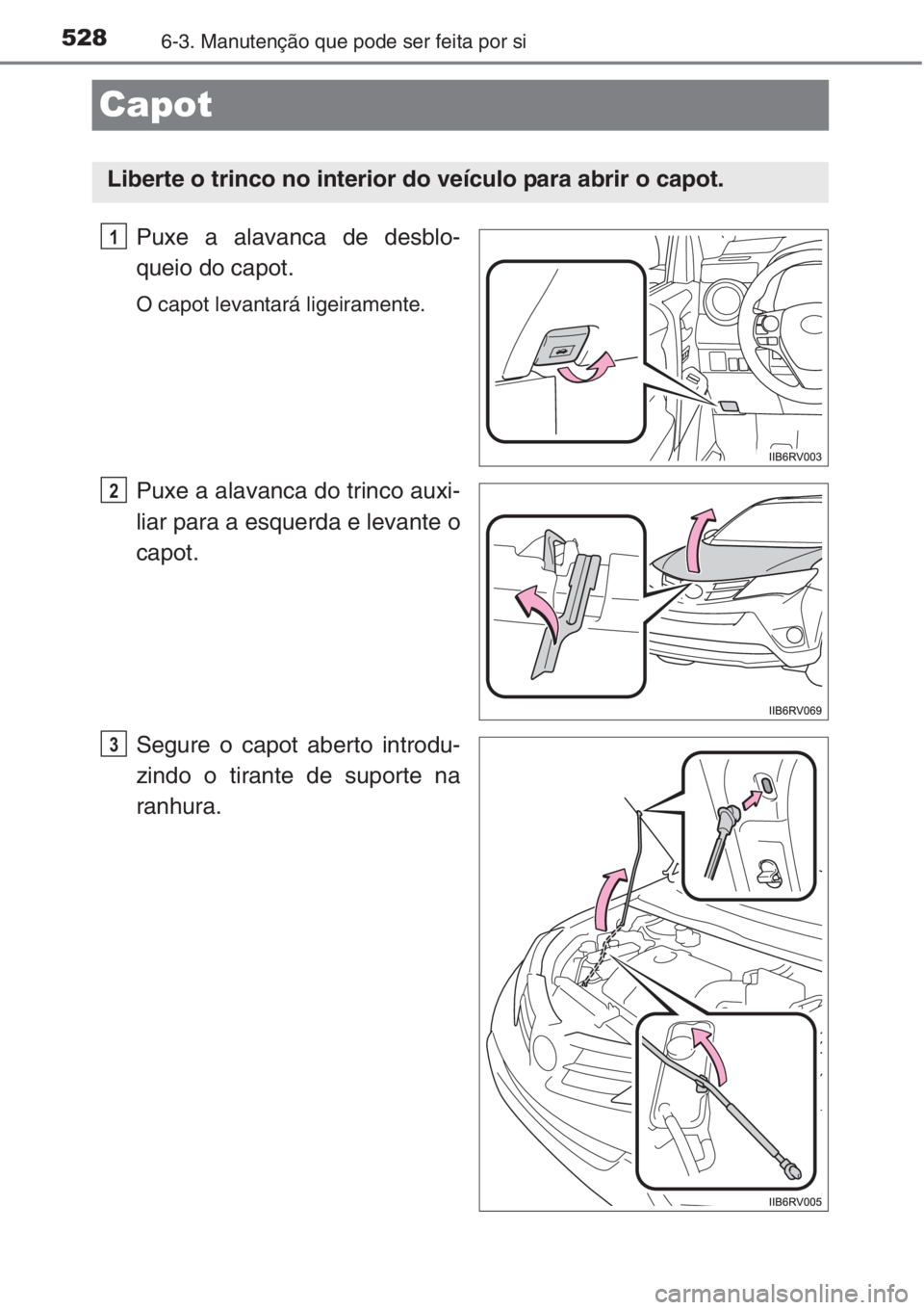 TOYOTA RAV4 2015 Manual de utilização (in Portuguese) 5286-3. Manutenção que pode ser feita por si
Capot
Puxe a alavanca de desblo-
queio do capot.
O capot levantará ligeiramente.
Puxe a alavanca do trinco auxi-
liar para a esquerda e levante o
capot. TOYOTA RAV4 2015 Manual de utilização (in Portuguese) 5286-3. Manutenção que pode ser feita por si
Capot
Puxe a alavanca de desblo-
queio do capot.
O capot levantará ligeiramente.
Puxe a alavanca do trinco auxi-
liar para a esquerda e levante o
capot.