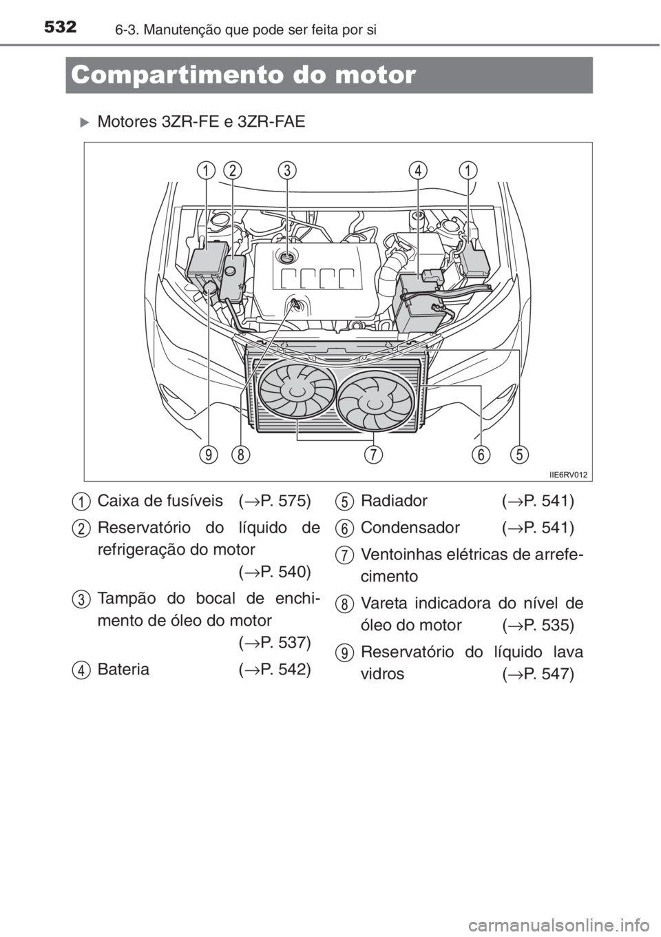 TOYOTA RAV4 2015  Manual de utilização (in Portuguese) 5326-3. Manutenção que pode ser feita por si
Compartimento do motor
�XMotores 3ZR-FE e 3ZR-FAE
Caixa de fusíveis (→P. 575)
Reservatório do líquido de
refrigeração do motor 
(→P. 540)
Tampã