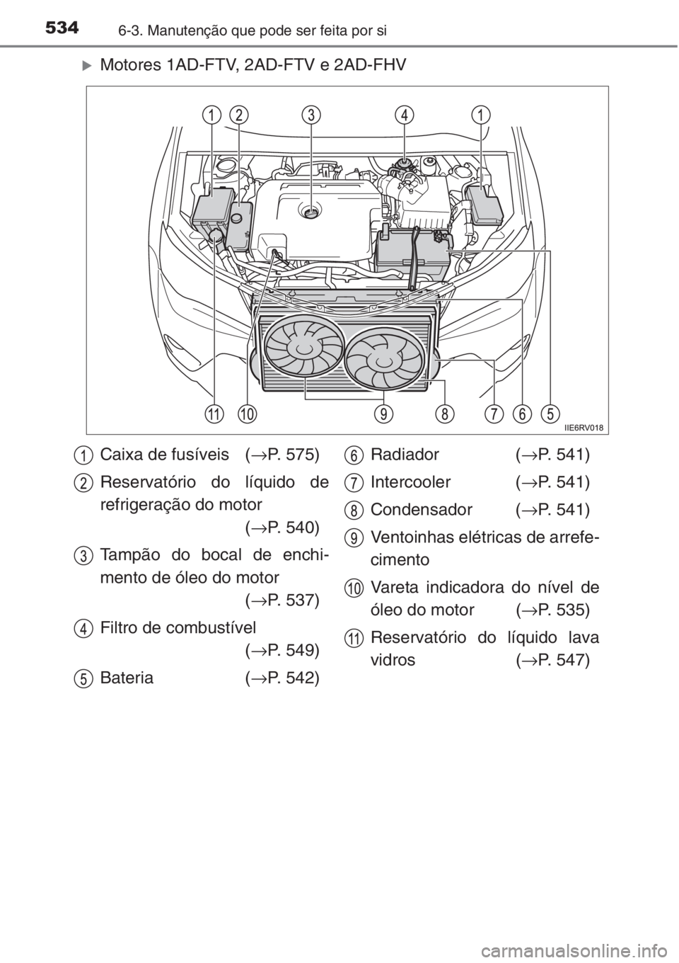 TOYOTA RAV4 2015  Manual de utilização (in Portuguese) 5346-3. Manutenção que pode ser feita por si
�XMotores 1AD-FTV, 2AD-FTV e 2AD-FHV
Caixa de fusíveis (→P. 575)
Reservatório do líquido de
refrigeração do motor 
(→P. 540)
Tampão do bocal de