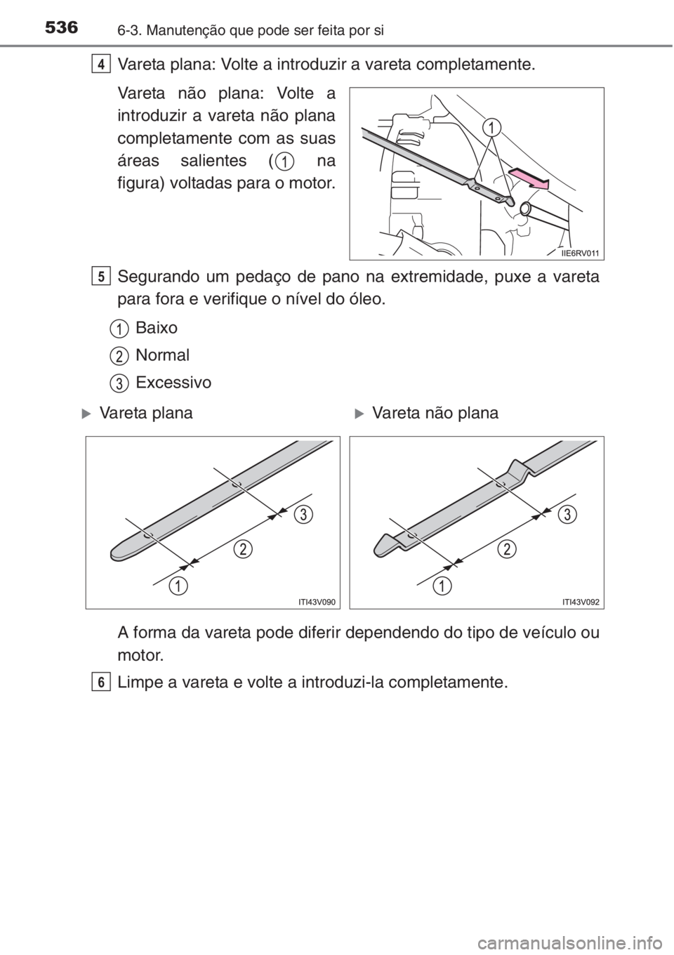 TOYOTA RAV4 2015  Manual de utilização (in Portuguese) 5366-3. Manutenção que pode ser feita por si
Vareta plana: Volte a introduzir a vareta completamente.
Vareta não plana: Volte a
introduzir a vareta não plana
completamente com as suas
áreas salie